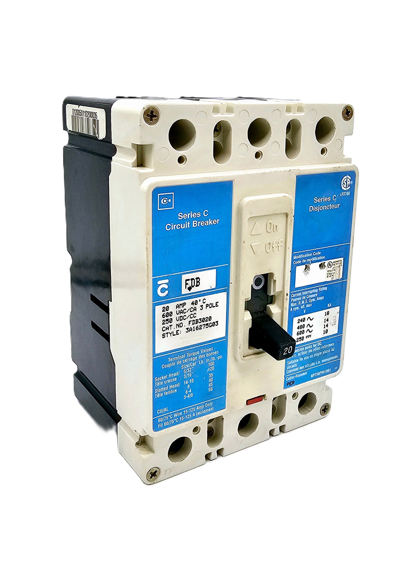 Cutler-Hammer / Eaton Series C FDB3020 circuit breaker 20AMPS 3-Pole 600VAC Bolt-On