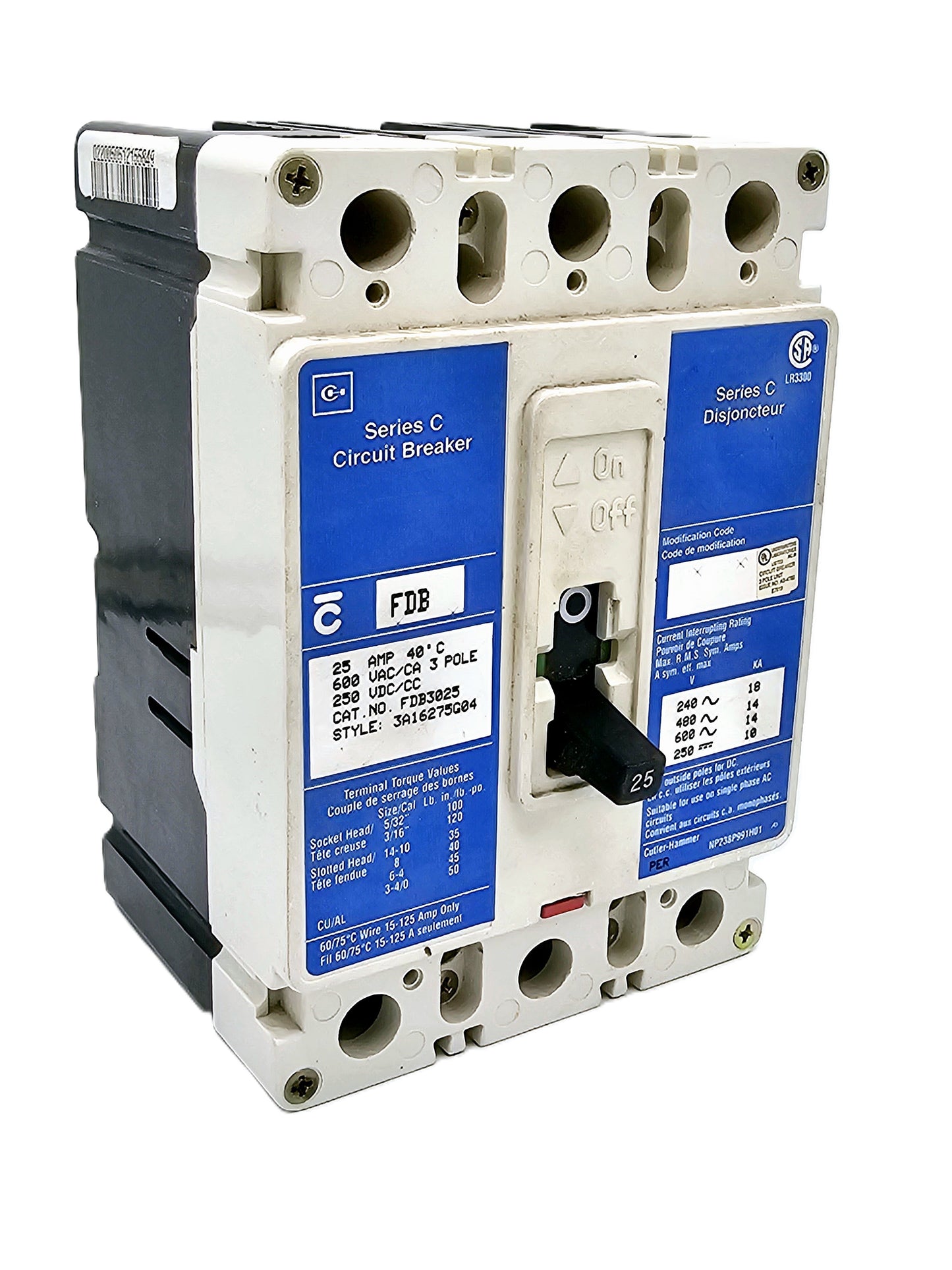Cutler-Hammer (Eaton) Series C FDB3025 25 amps, 3 poles, and supports both 600 VAC and 250 VDC
