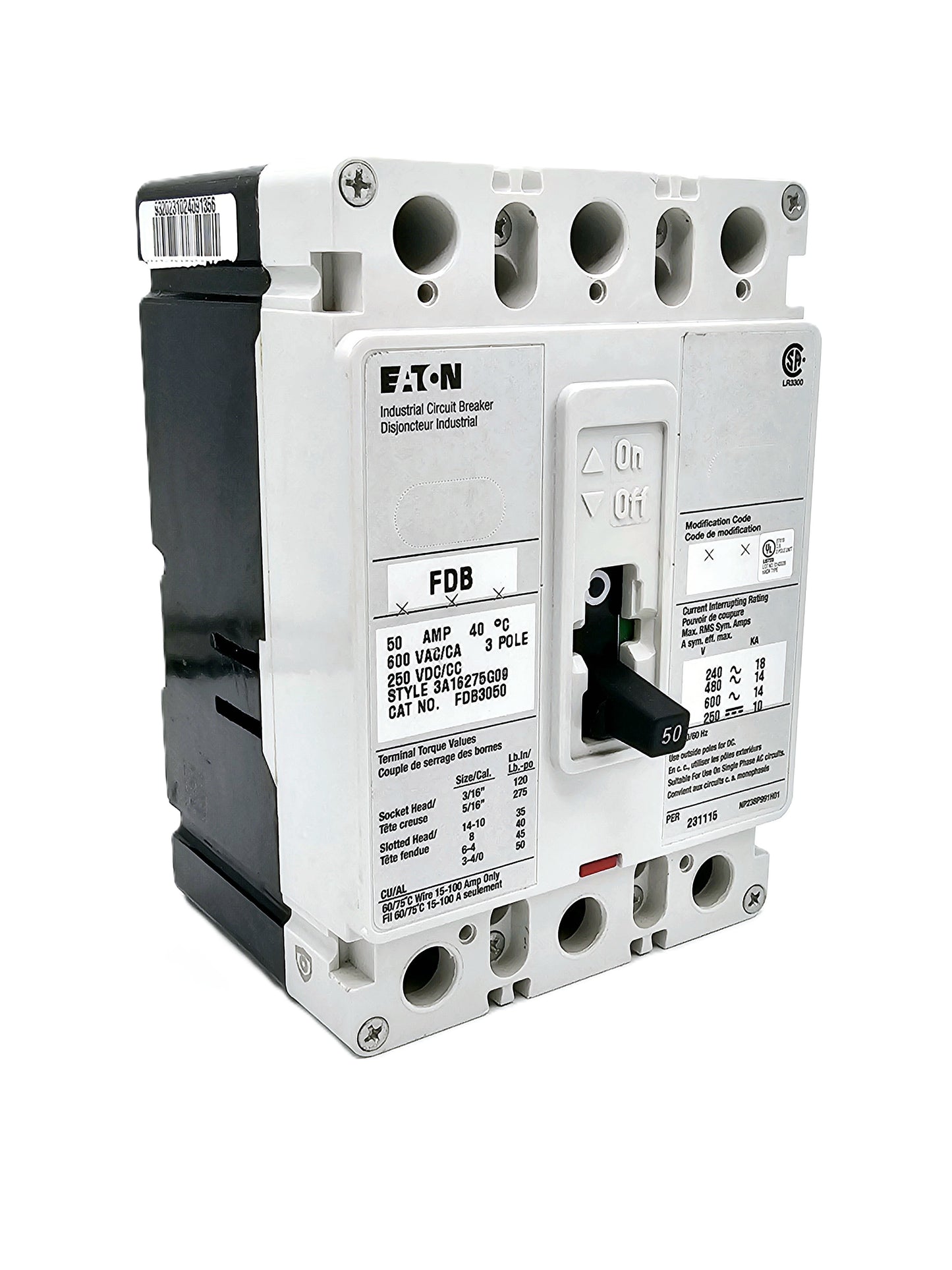 Eaton FDB3050 is a 50-amp, 3-pole molded case circuit breaker 600 VAC and 250 VDC