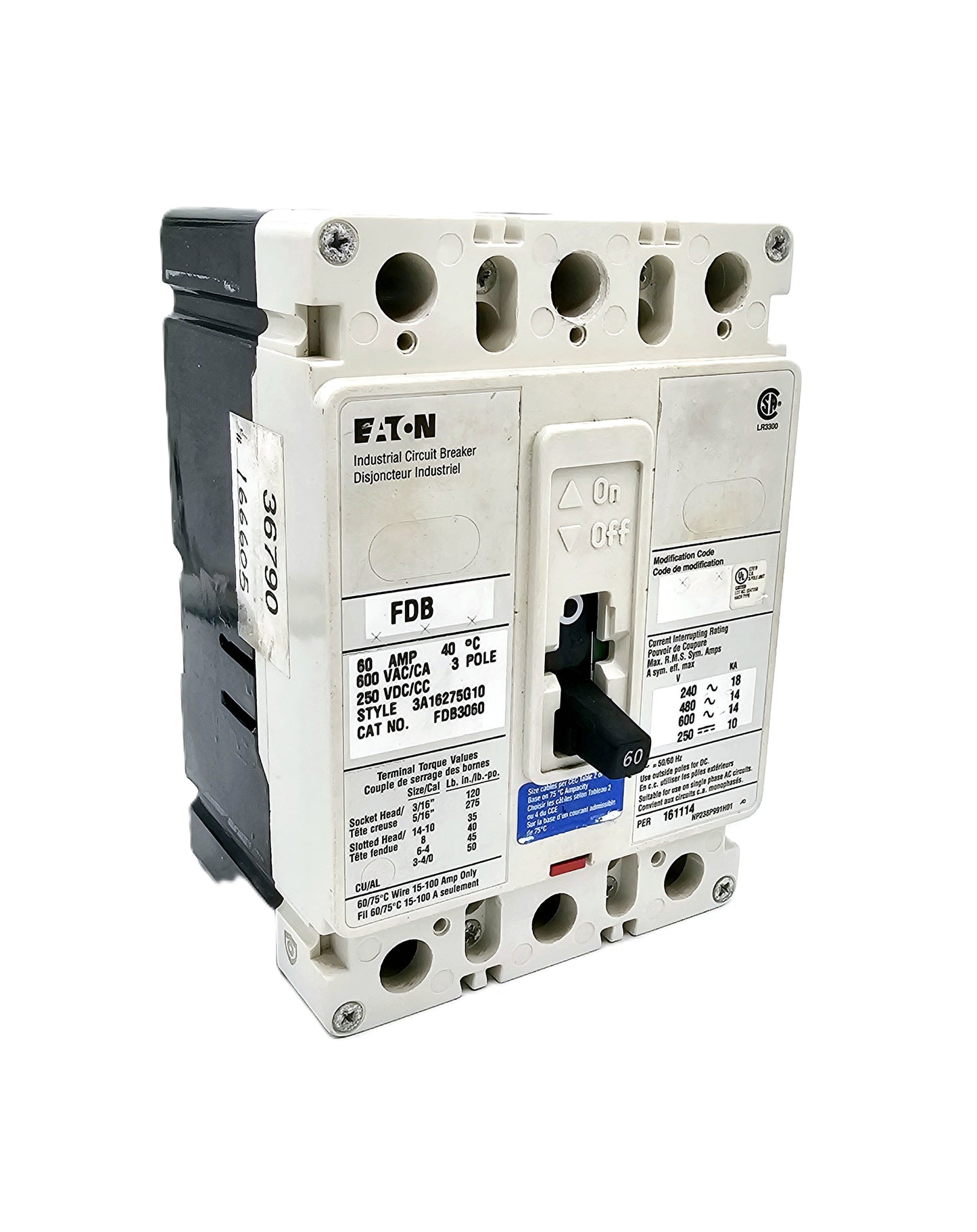 Eaton FDB3060 3-pole, 60-amp molded case circuit breaker 600 VAC and 250 VDC