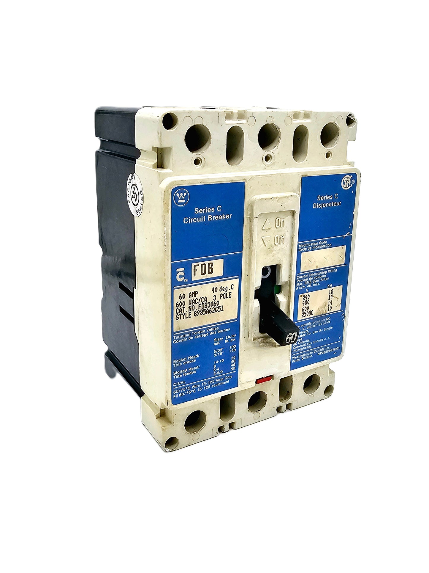 Westinghouse FDB3060 60-amp, 3-pole molded case circuit breaker, 600 VAC and 250 VDC Series C FD-frame
