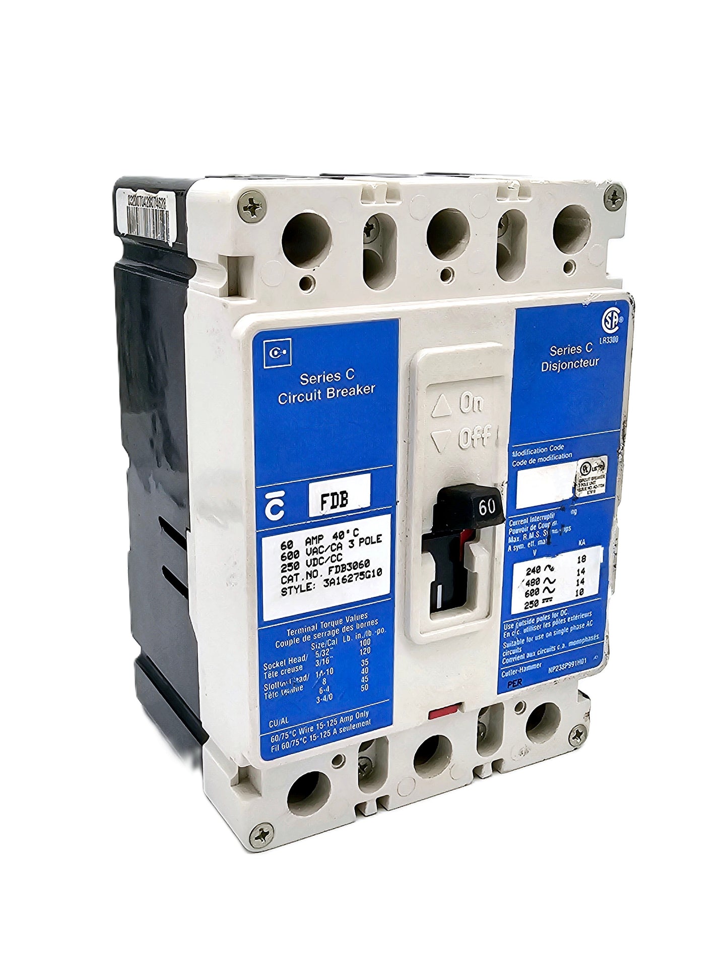 Eaton/Cutler-Hammer/Westinghouse FDB3060 Series C 60-amp, 3-pole thermal-magnetic circuit breaker 600 VAC and 250 VDC