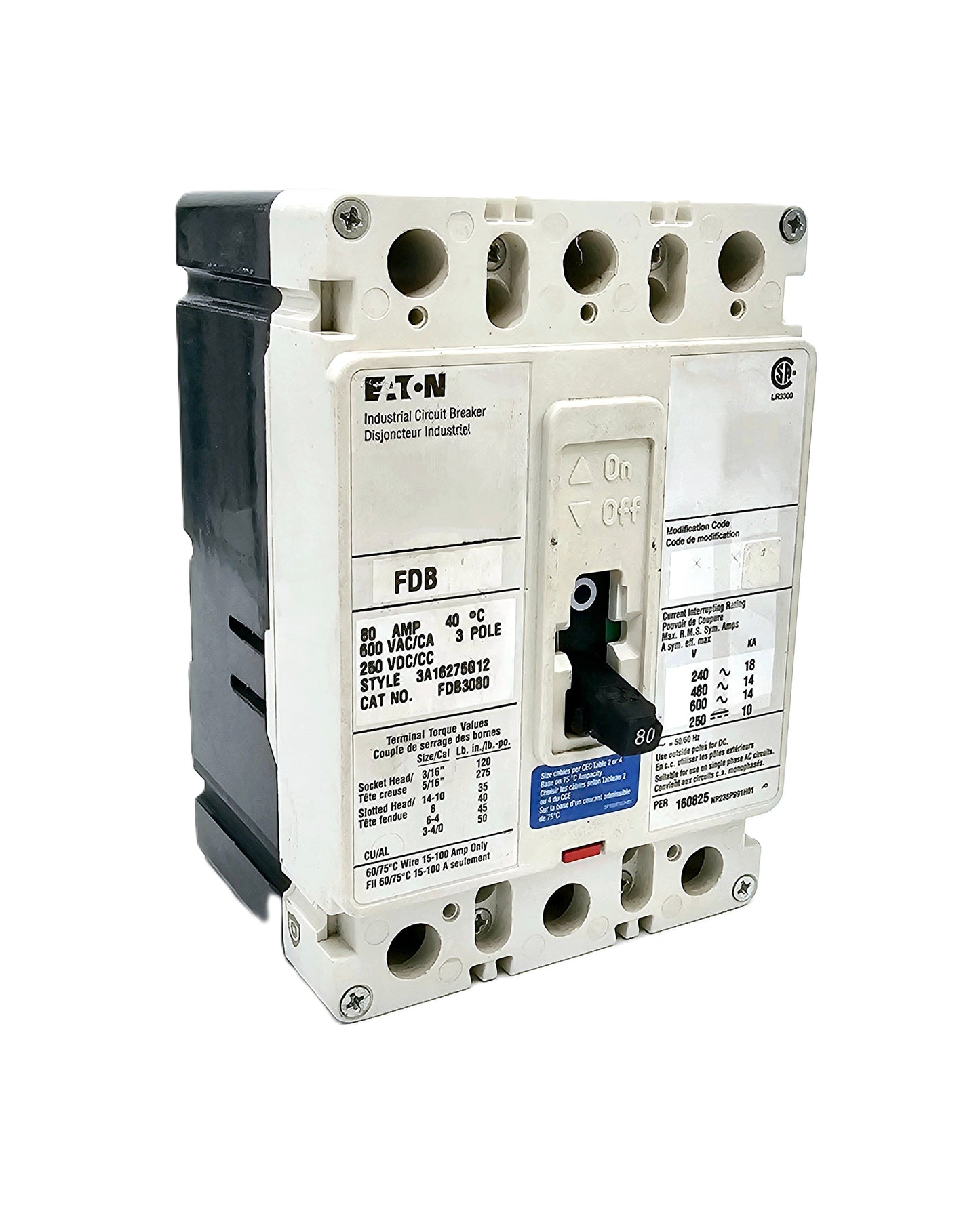 Eaton FDB3080 is a thermal-magnetic molded case circuit breaker rated for 80 amps 600 VA CFD-frame Series C and 250 VDC.