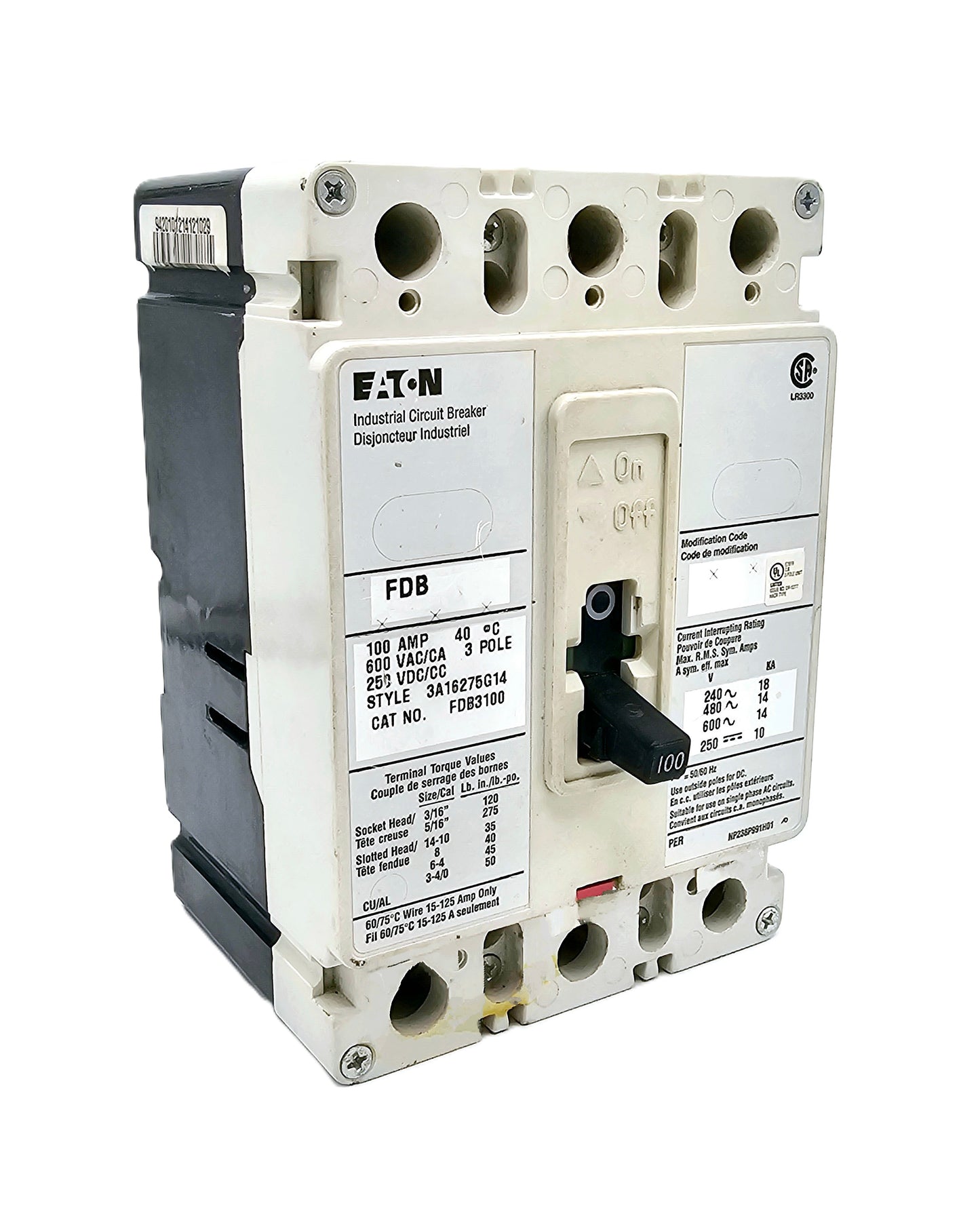 Eaton FDB3100 100-amp, 3-pole molded case circuit breaker rated for both 600 VAC and 250 VDC FD-frame Series C