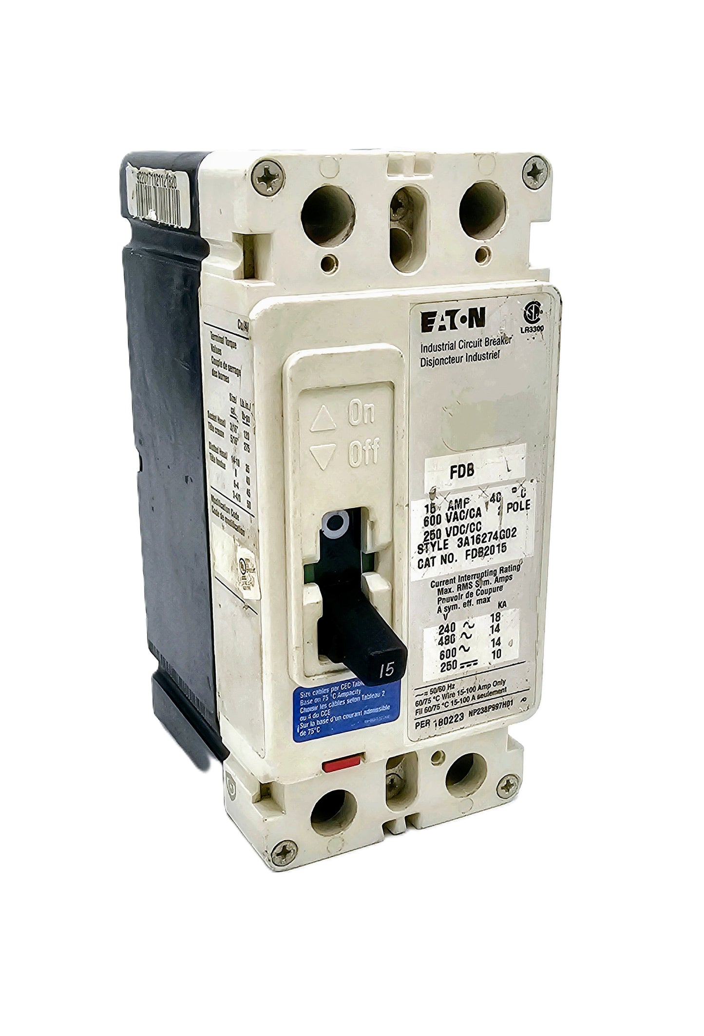 Eaton FDB2015 is a 2-pole circuit breaker 15A, 600 VAC and 250 VDC Series C thermal-magnetic trip unit
