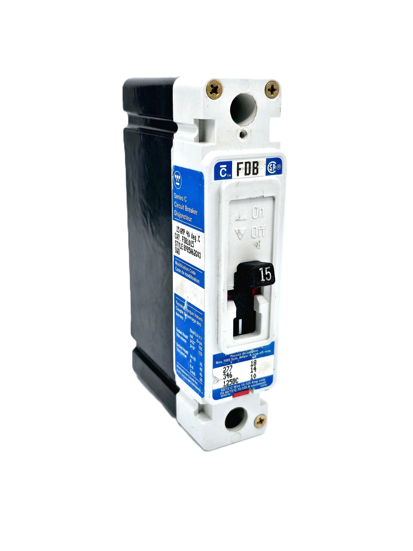 Westinghouse FDB1015 circuit breaker 1-pole, 15 Amp, Series C FD-frame (FDB) 14k 277V AC or 125V DC