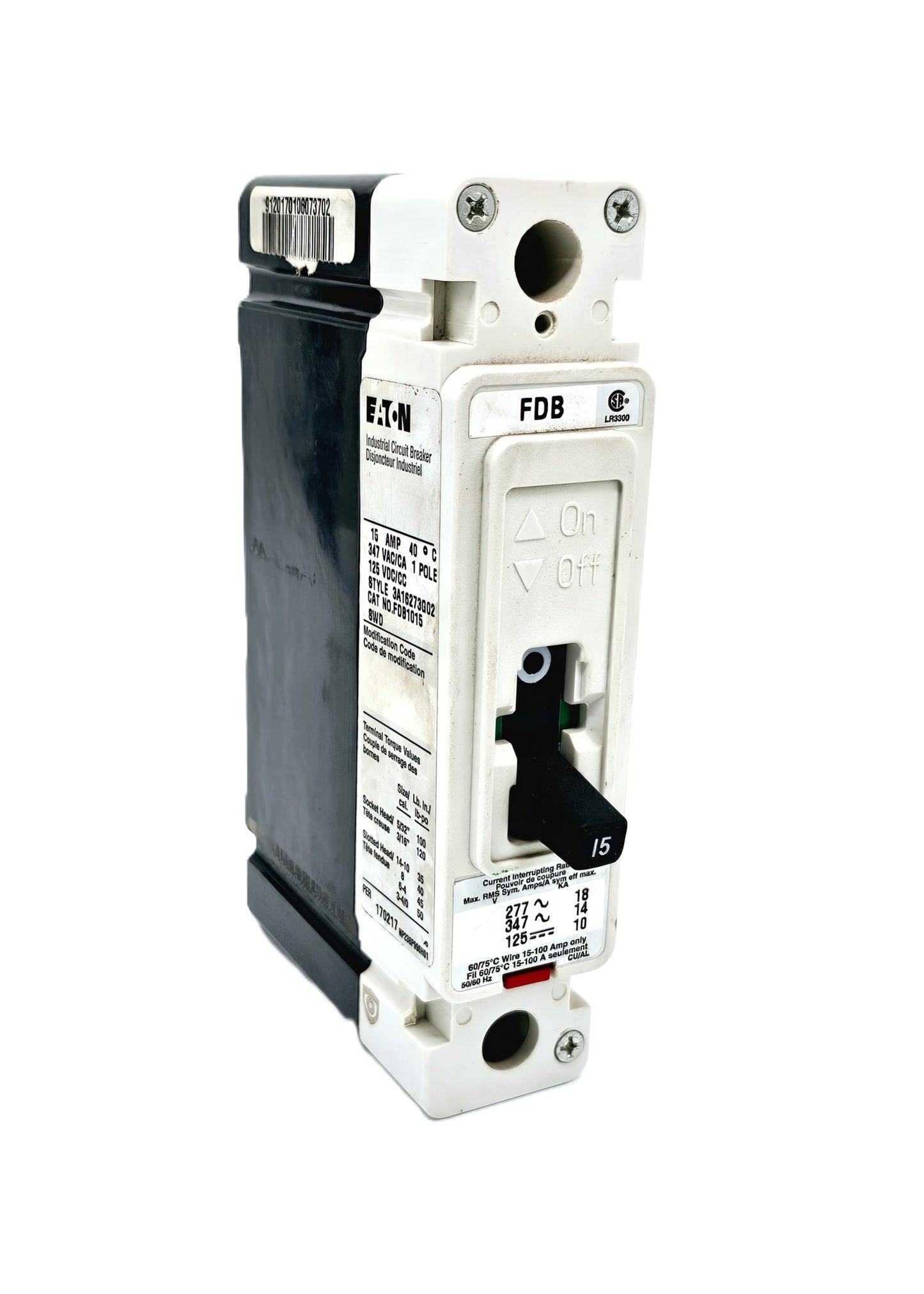 Eaton FDB1015 1-pole, 15 Amp, Series C, FD Frame breaker 277V/347V AC and 125V DC