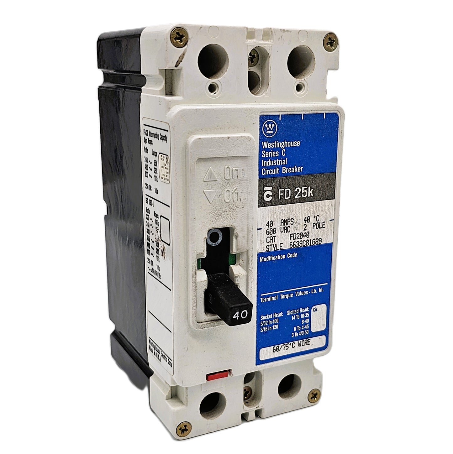 Westinghouse FD2040 Series C FD 25k 40 Amps 2 Pole 600 VAC 250 VDC Bolt-On