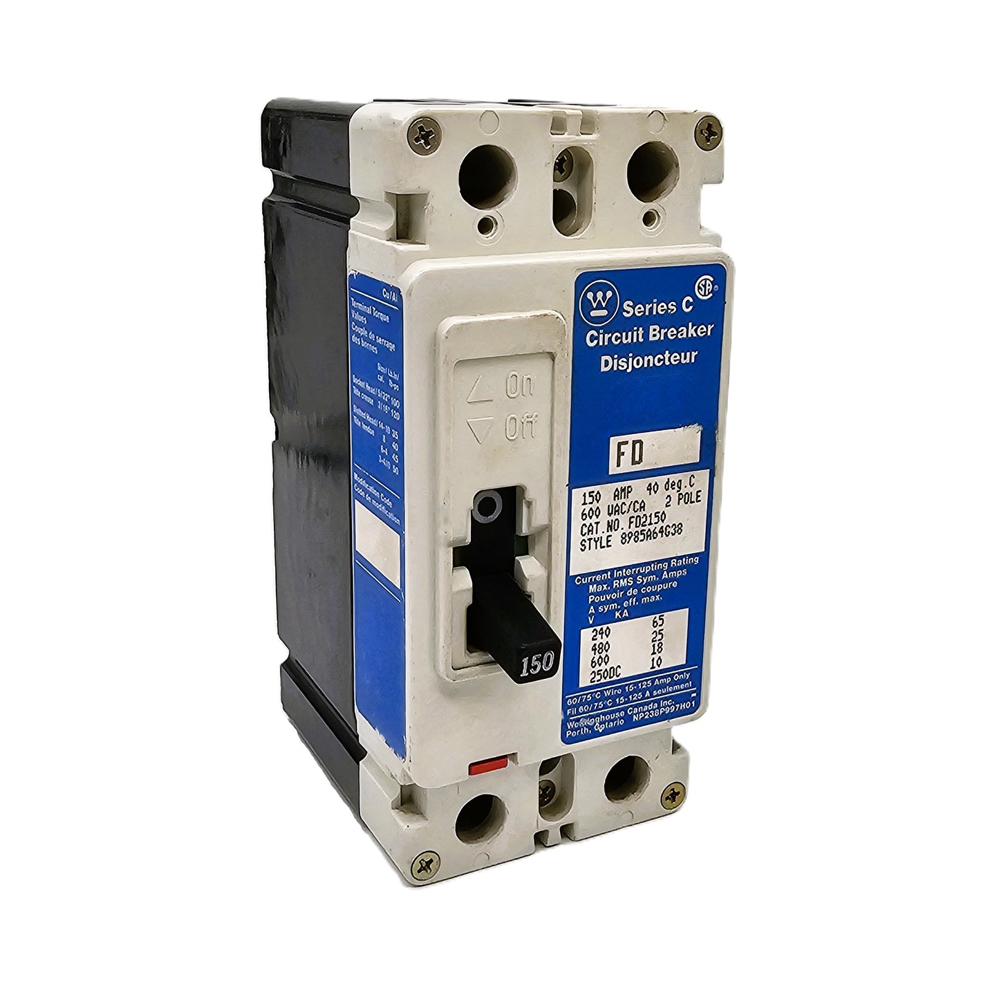 Westinghouse FD2150 Series C 150Amps 2Poles 600 VAC 250VDC Bolt-On