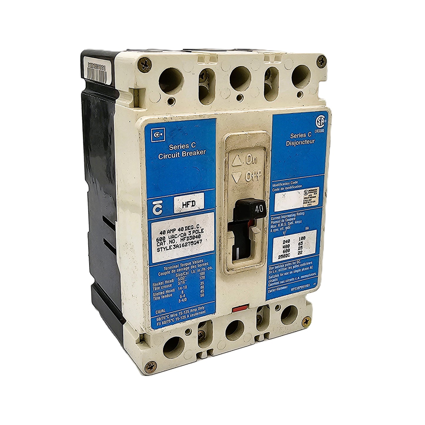 Cutler-Hammer (Eaton) Series C HFD3040 40 Amps 3-Pole Bolt-On 600 VAC 250 VDC