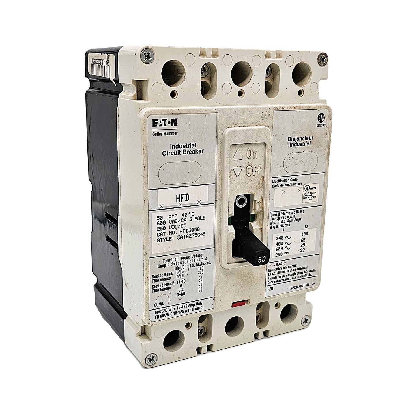 Eaton HFD3050 Circuit Breaker 50 Amps 3-Pole Bolt-On 600VAC 250VDC