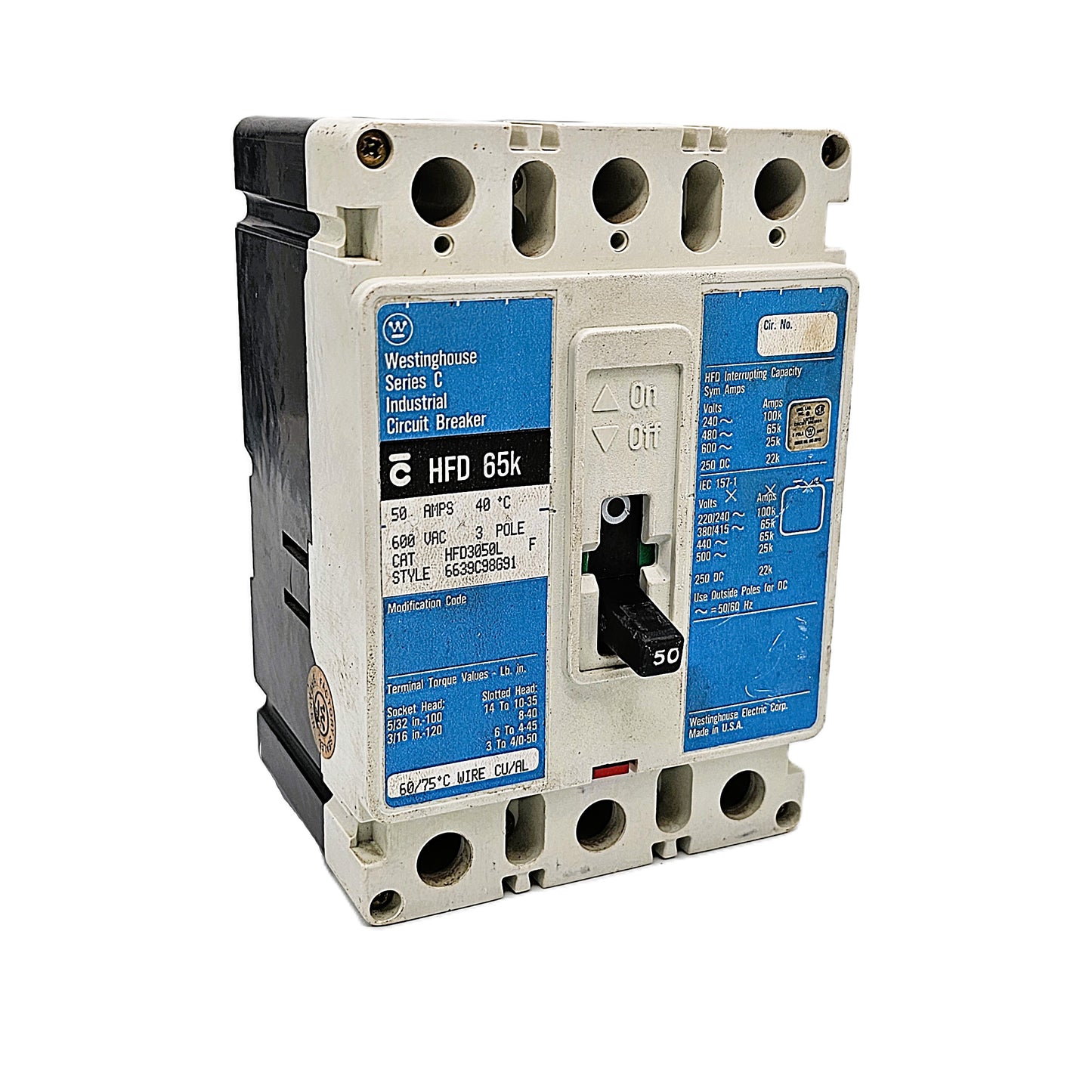 Westinghouse HFD3050L Circuit Breaker 50 Amp 3-Pole Bolt-On