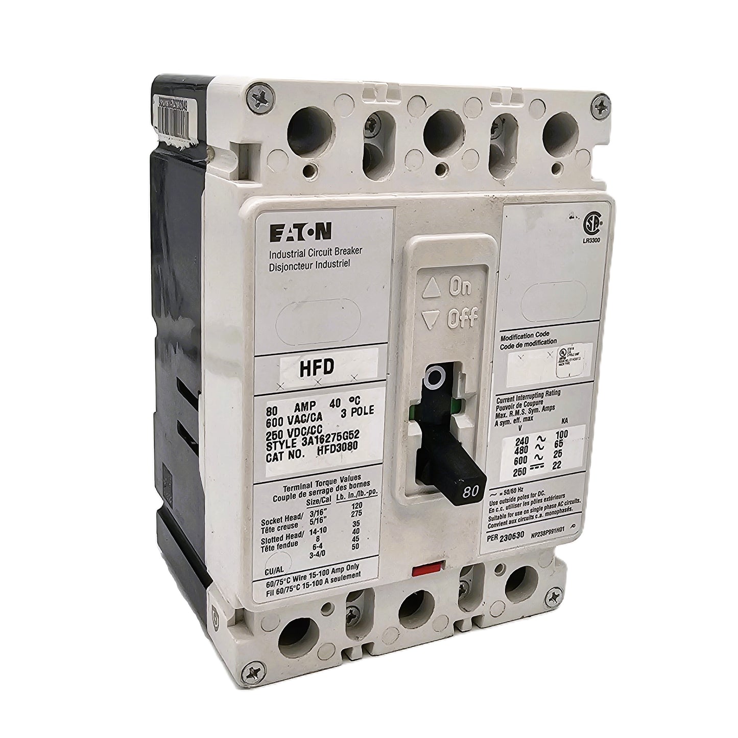 Eaton (Cutler-Hammer / Industrial Series C) HFD3080 Circuit Breaker 80 Amps 3-Pole Bolt-On