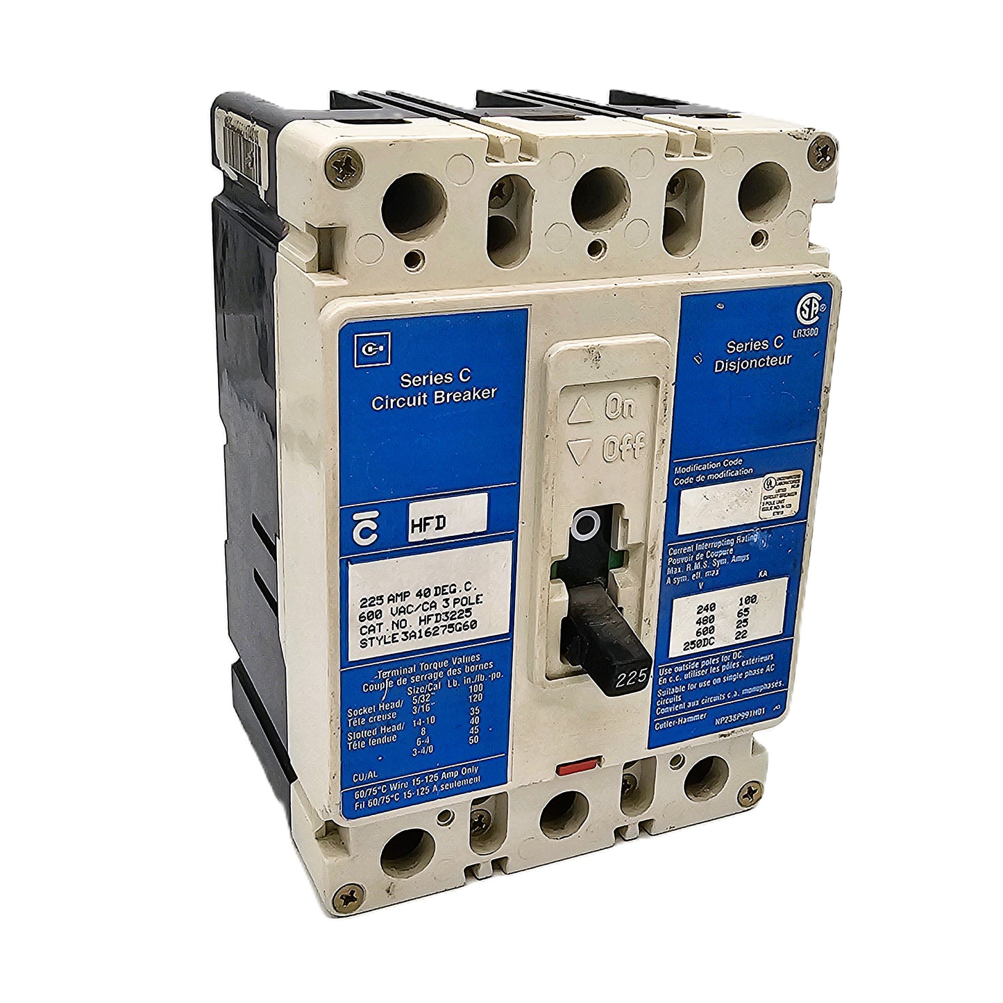 Eaton / Cutler-Hammer HFD3225 Circuit Breaker 225Amps 3-Pole Bolt-On