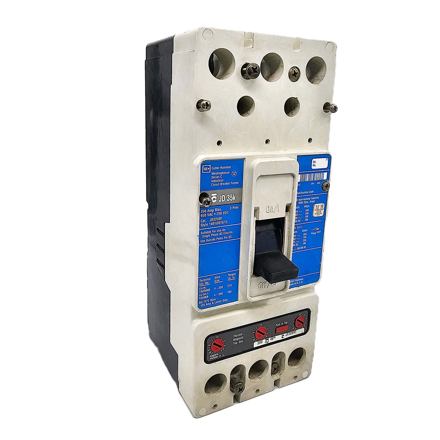 Eaton/ Cutler-Hammer JD3250F. 250AMPS, 3-Poles 600VAC Bolt-On