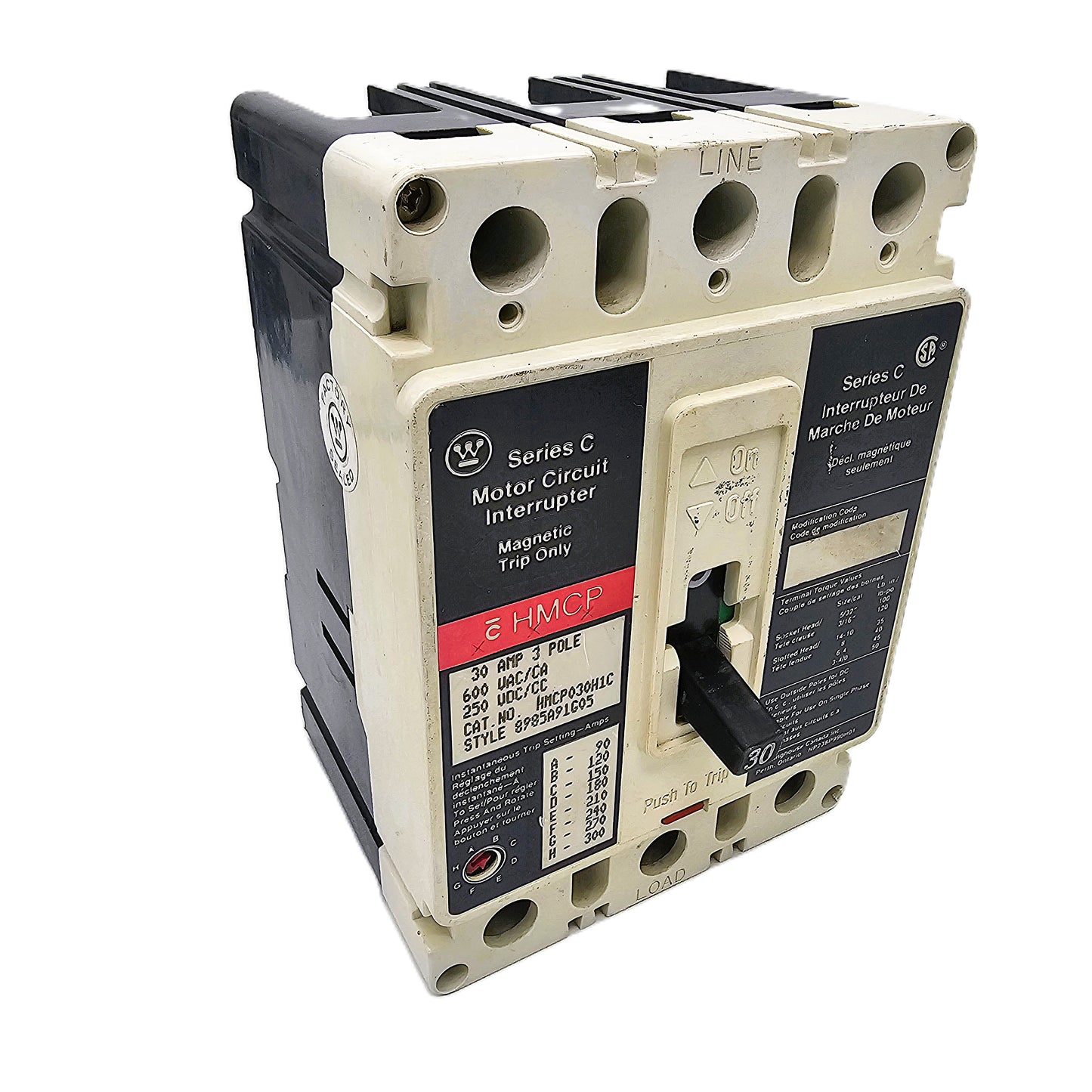 Westinghouse HMCP030H1C Motor Circuit Protector 30Amps 3-Pole 600VAC Bolt-on