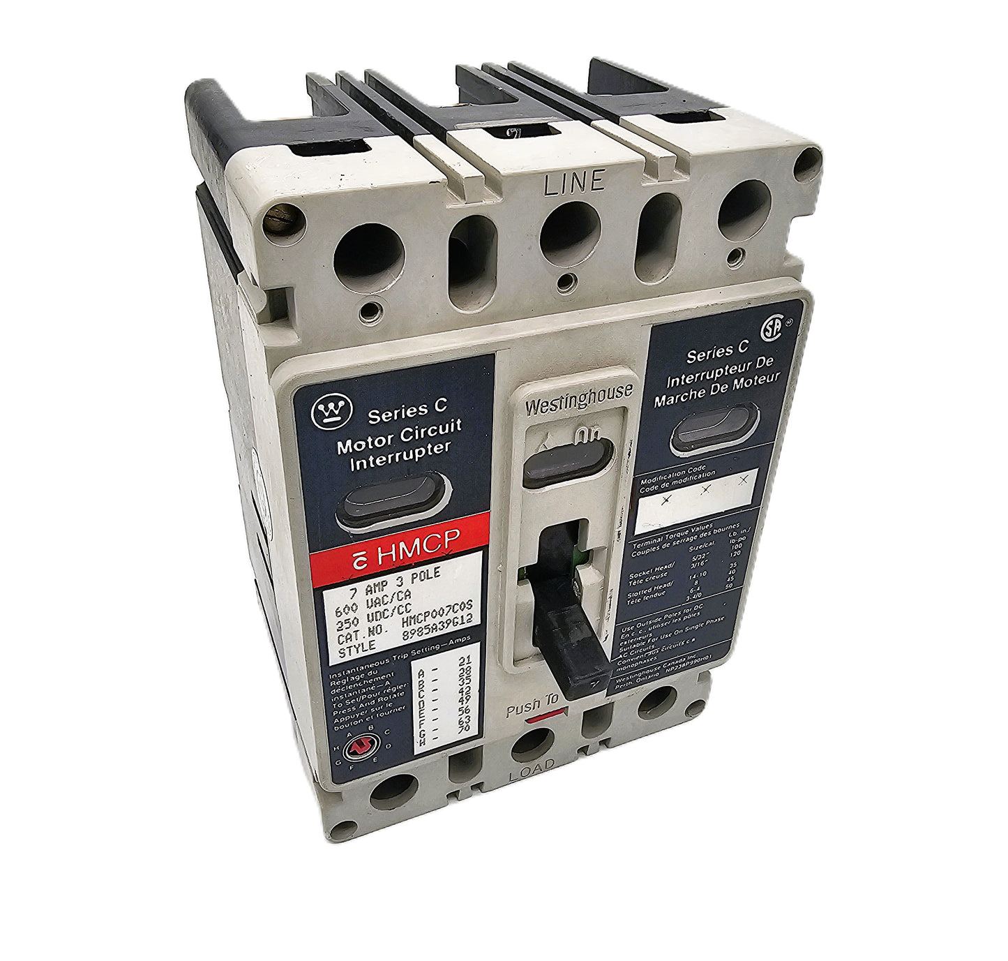 Westinghouse HMCP007C0S Motor Circuit Protector 7Amps 3-Pole 600VAC Bolt-On
