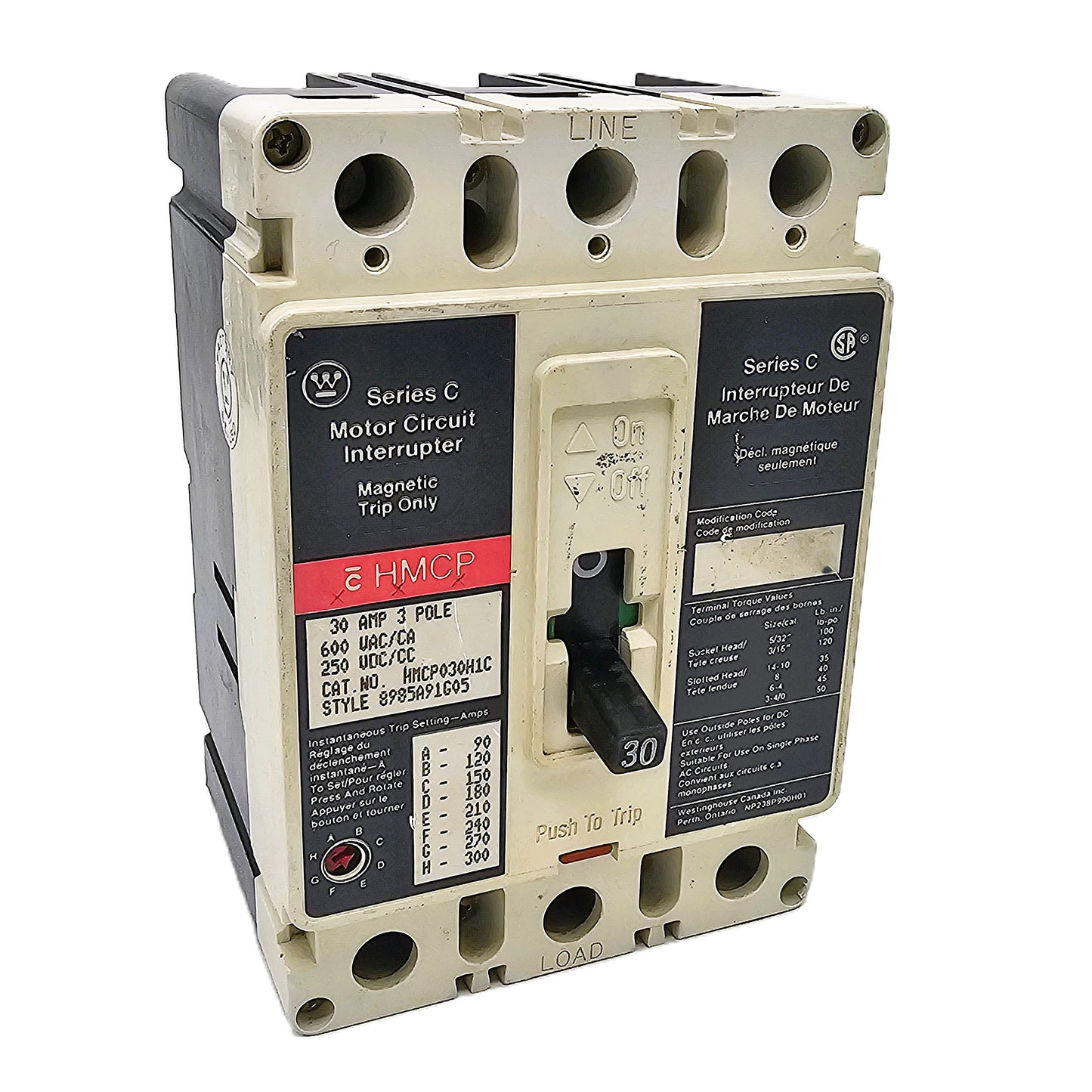 Westinghouse HMCP030H1C Motor Circuit Protector 30 Amps 3-Pole 600VAC Bolt-On