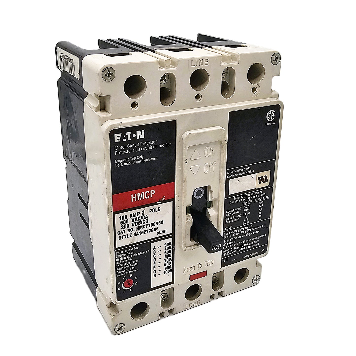 Eaton HMCP100R3C Motor Circuit Protector 100Amps 3-Pole 600VAC Bolt-On