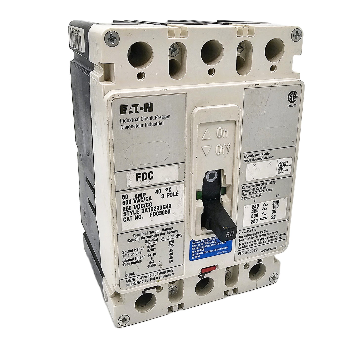 Eaton FDC3060 Industrial Circuit Breaker 50Amps 3-Pole 600VAC Bolt-On