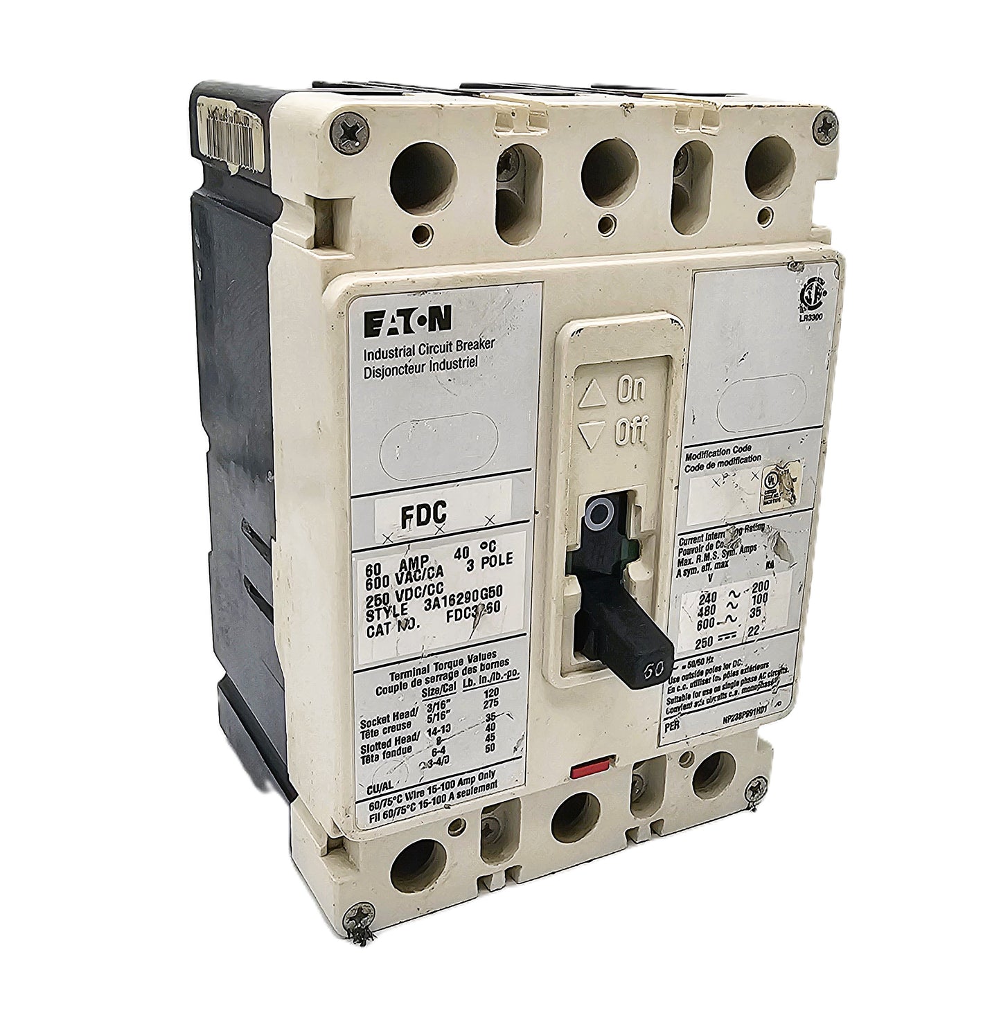 Eaton FDC3060 Industrial Circuit Breaker 60Amps 3-Pole 600VAC Bolt-On
