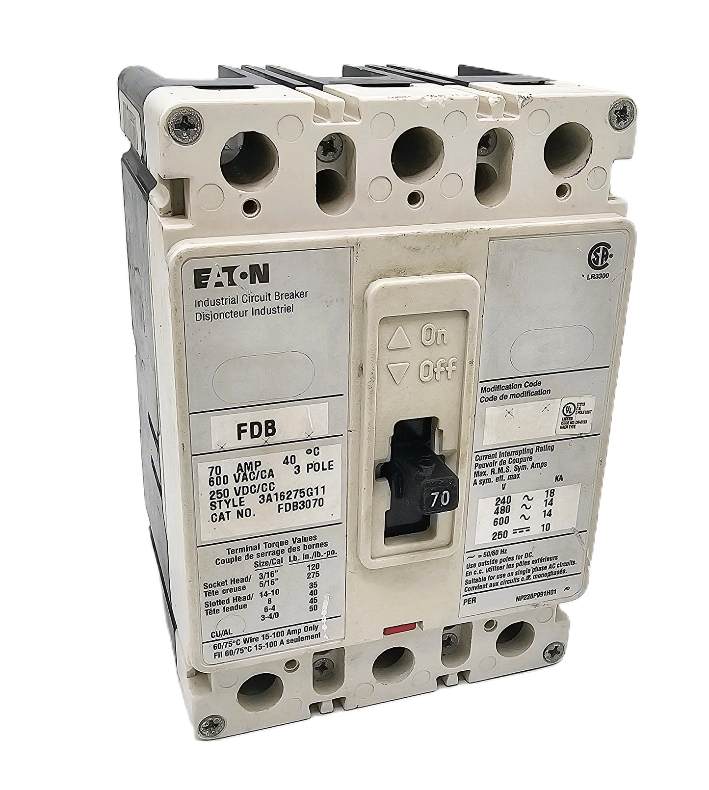 Eaton FDB3070 Industrial Circuit Breaker 70 Amps, 3-Pole, 600VAC Bolt-On