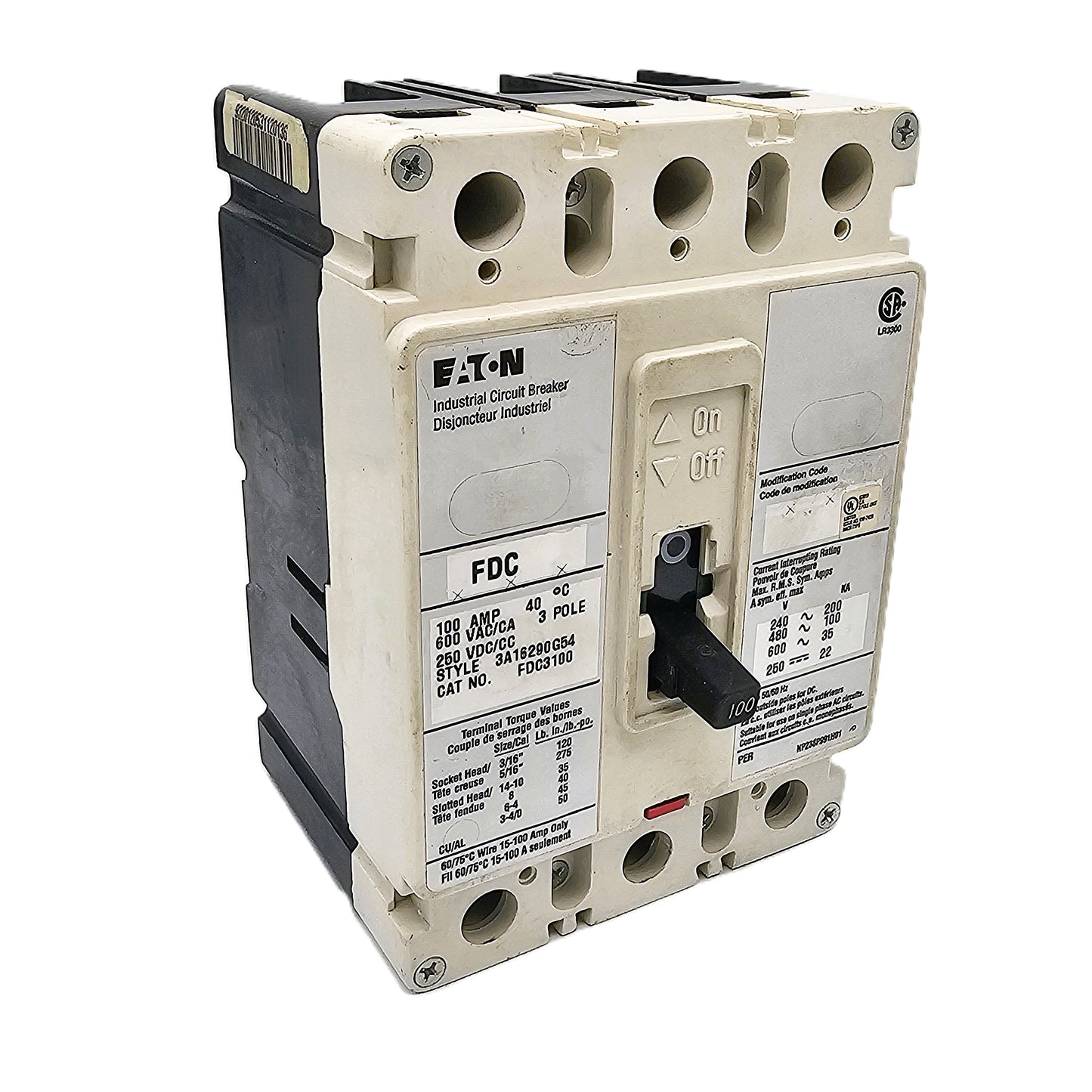 Eaton FDC3100 Industrial Circuit Breaker 100Amps 3-Pole Bolt-On
