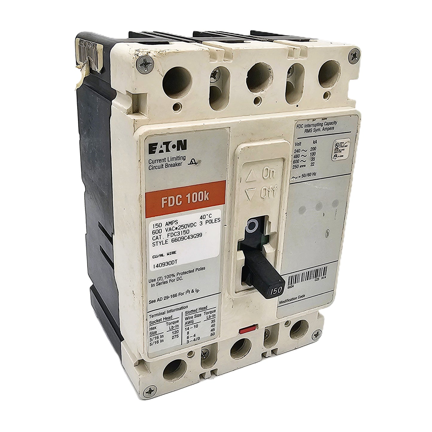 Eaton FDC3150 Current Limiting Circuit Breaker 150Amps 3-Pole 600VAC Bolt-On