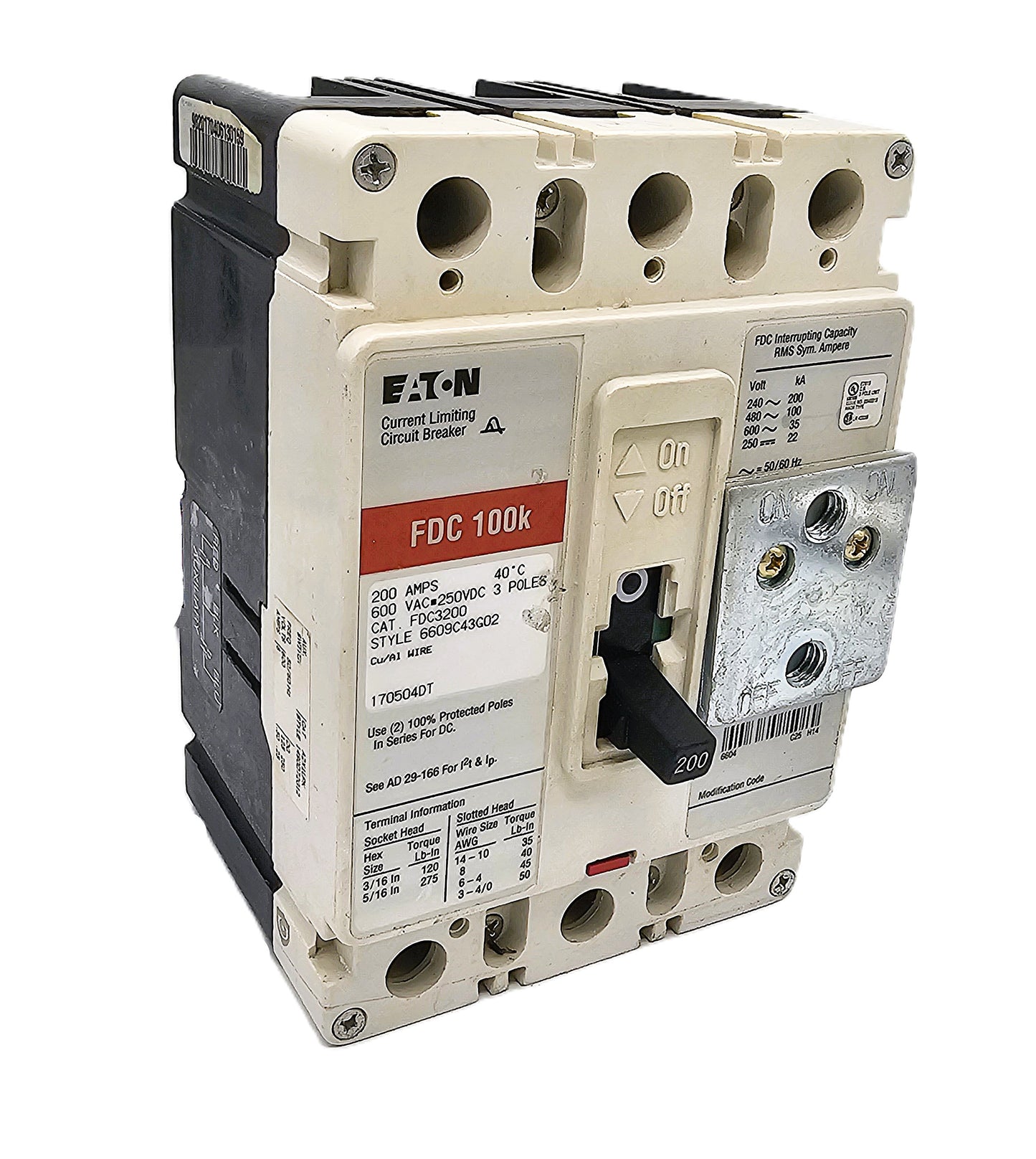Eaton FDC3200 Current Limiting Circuit Breaker 200Amps 3-Pole 600VAC Bolt-On