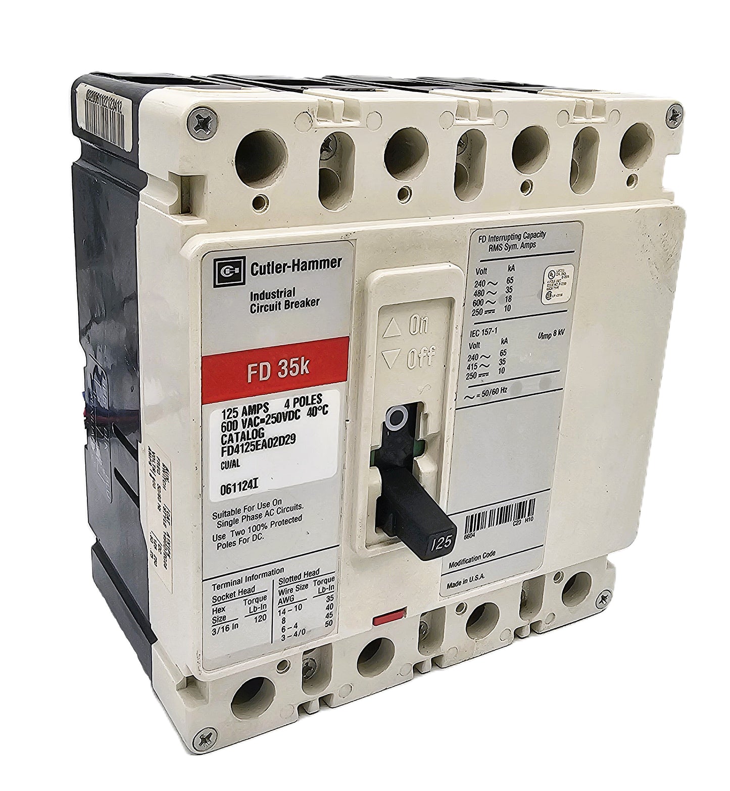 Cutler-Hammer FD4125EA02D29 Industrial Circuit Breaker 125Amp 3-Pole 600VAC Bolt-On