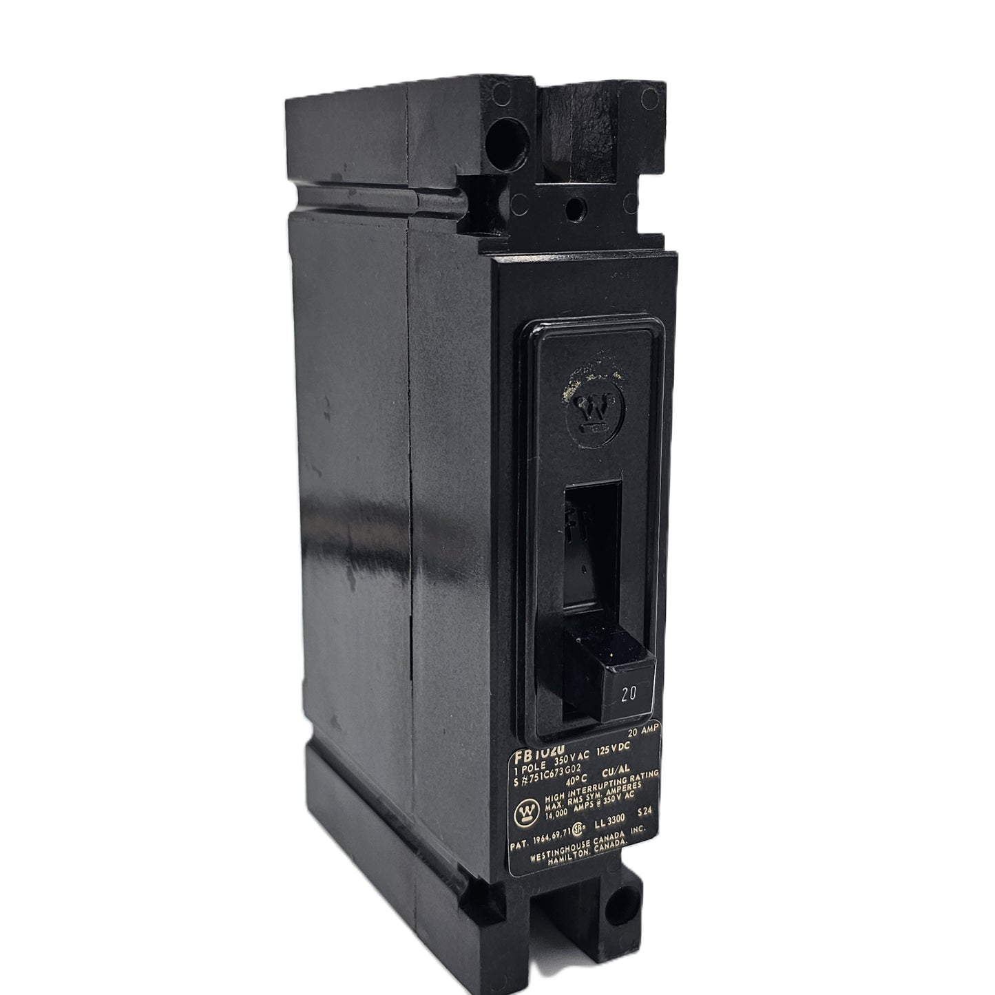 Westinghouse FB1020 Molded Case Circuit Breaker 1-Pole 20Amps 240VAC 125VDC Bolt-On