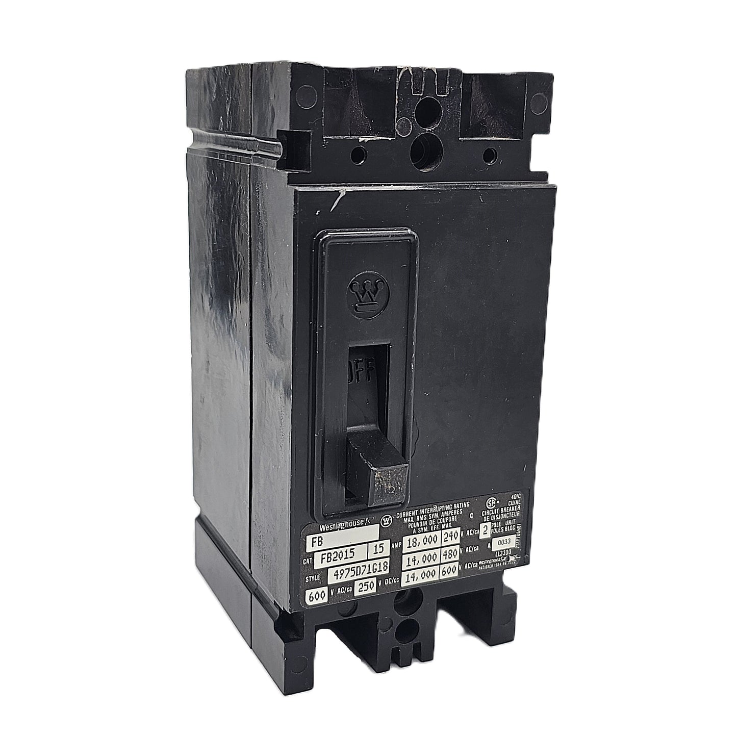 Westinghouse FB32015 Molded Case Circuit Breaker 3-Poles 15Amps 600VAC Bolt-On