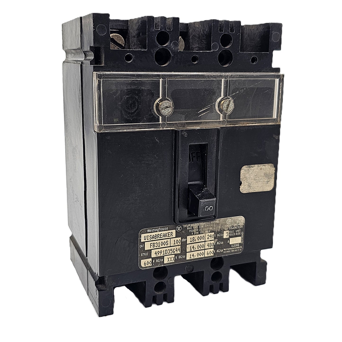 Westinghouse FB3100S Molded Case Circuit Breaker 3-Poles 100Amps 600VAC Bolt-On