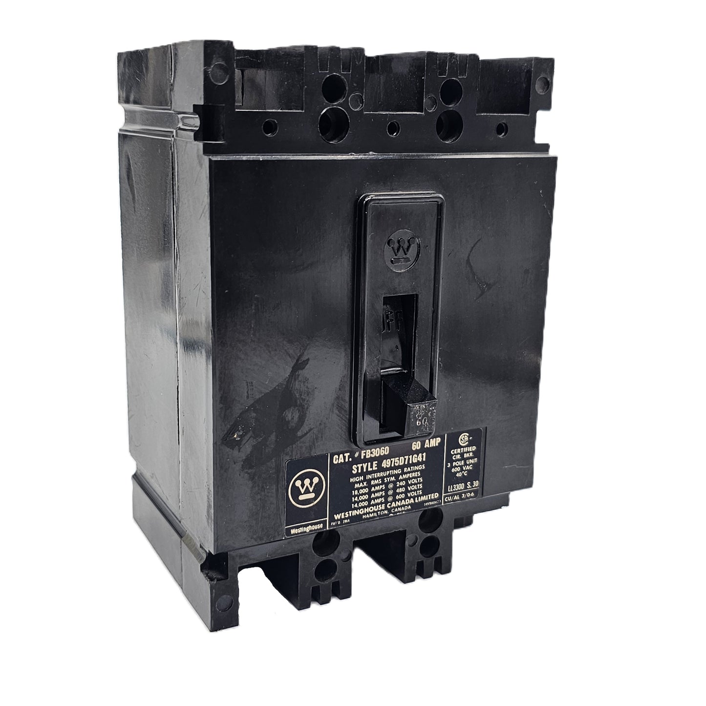 Westinghouse FB3060 Molded Case Circuit Breaker 3-Poles 60Amps 600VAC Bolt-On