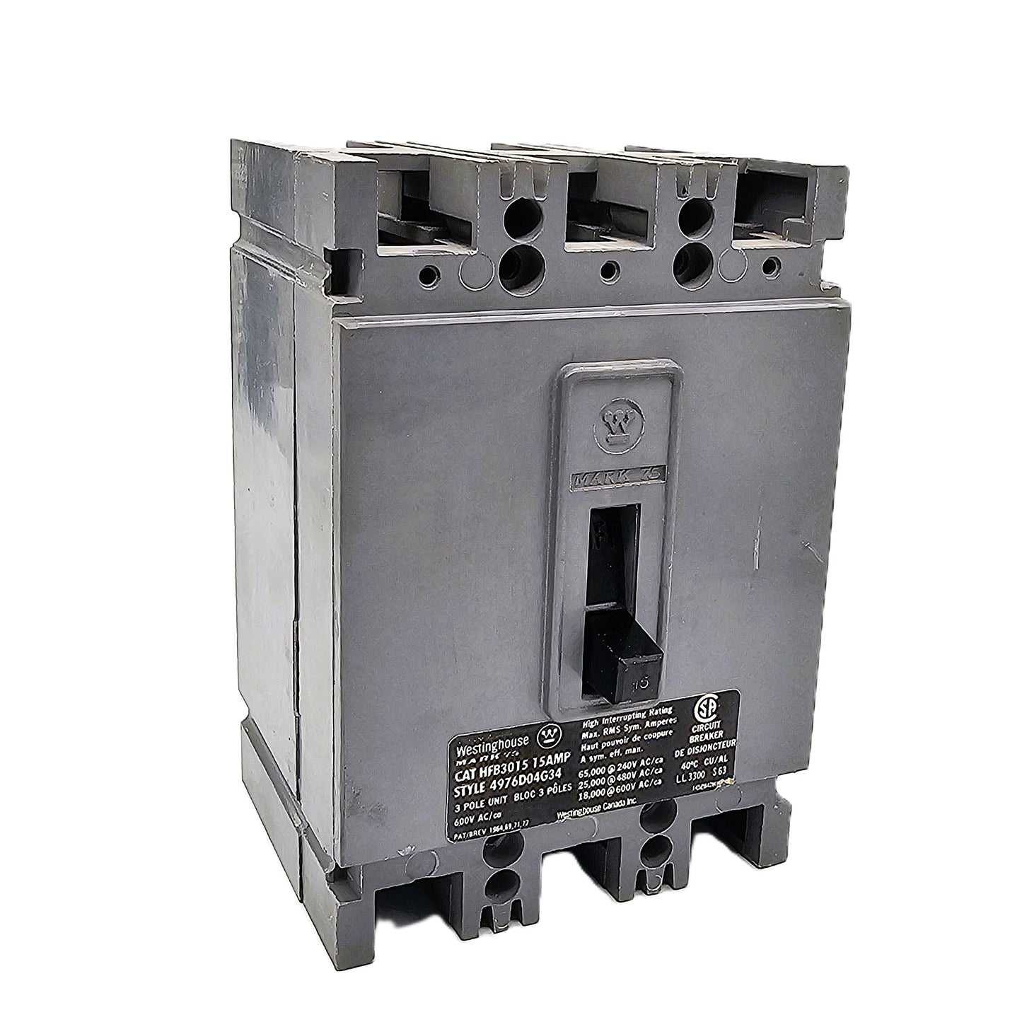 Westinghouse HFB3015 Circuit Breaker 3-Poles 15Amps 600VAC Bolt-on