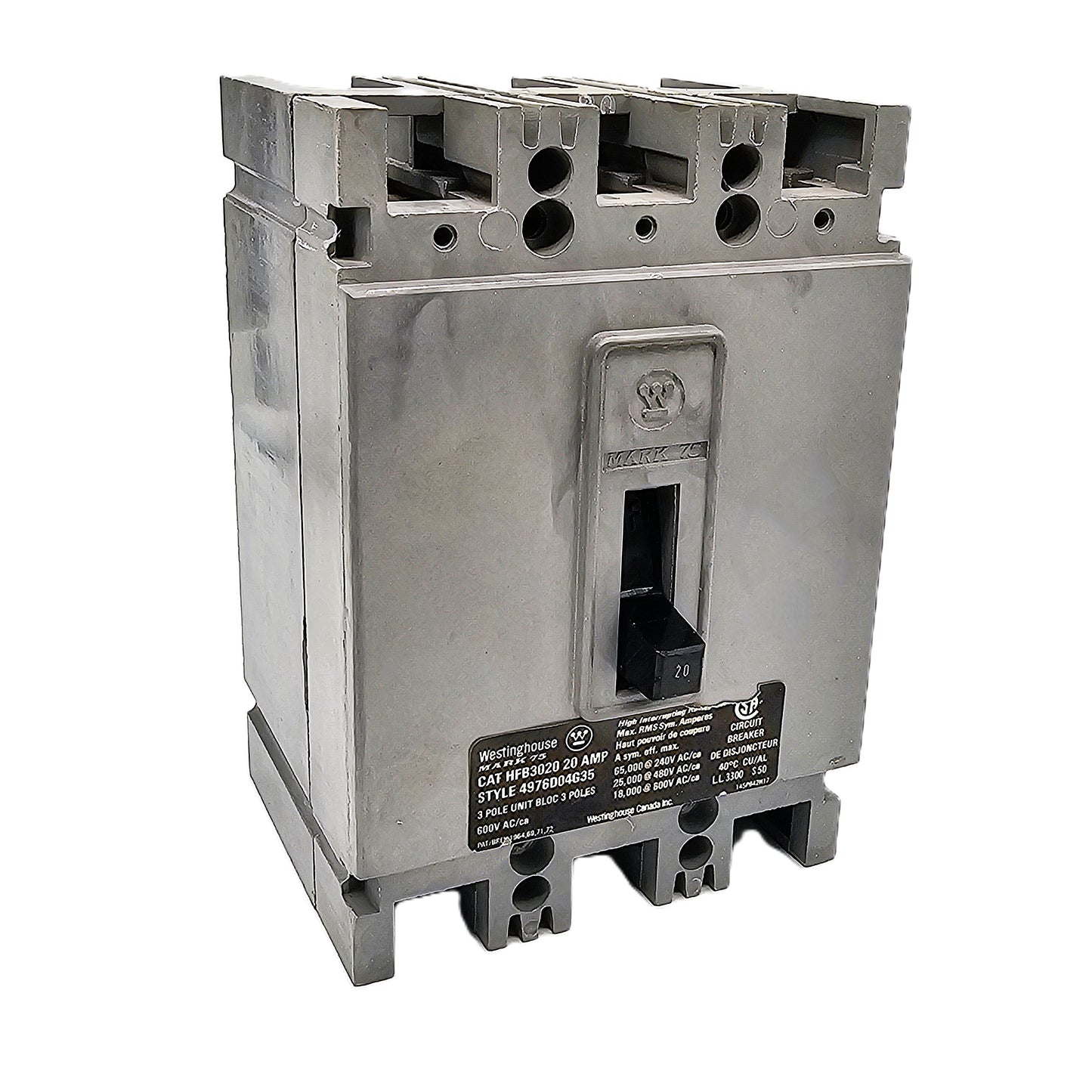 Westinghouse HFB3020 Circuit Breaker 3-Poles 20Amps 600VAC Bolt-On