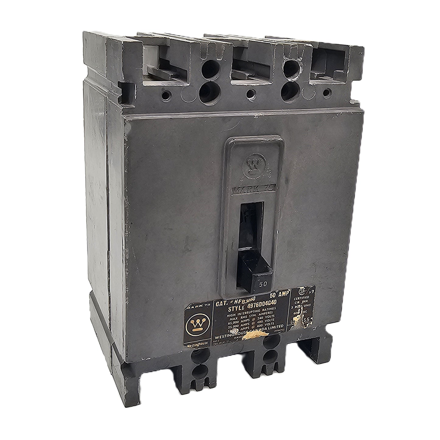 Westinghouse HFB3050 Circuit Breaker 3-Poles 50Amps 600VAC Bolt-On