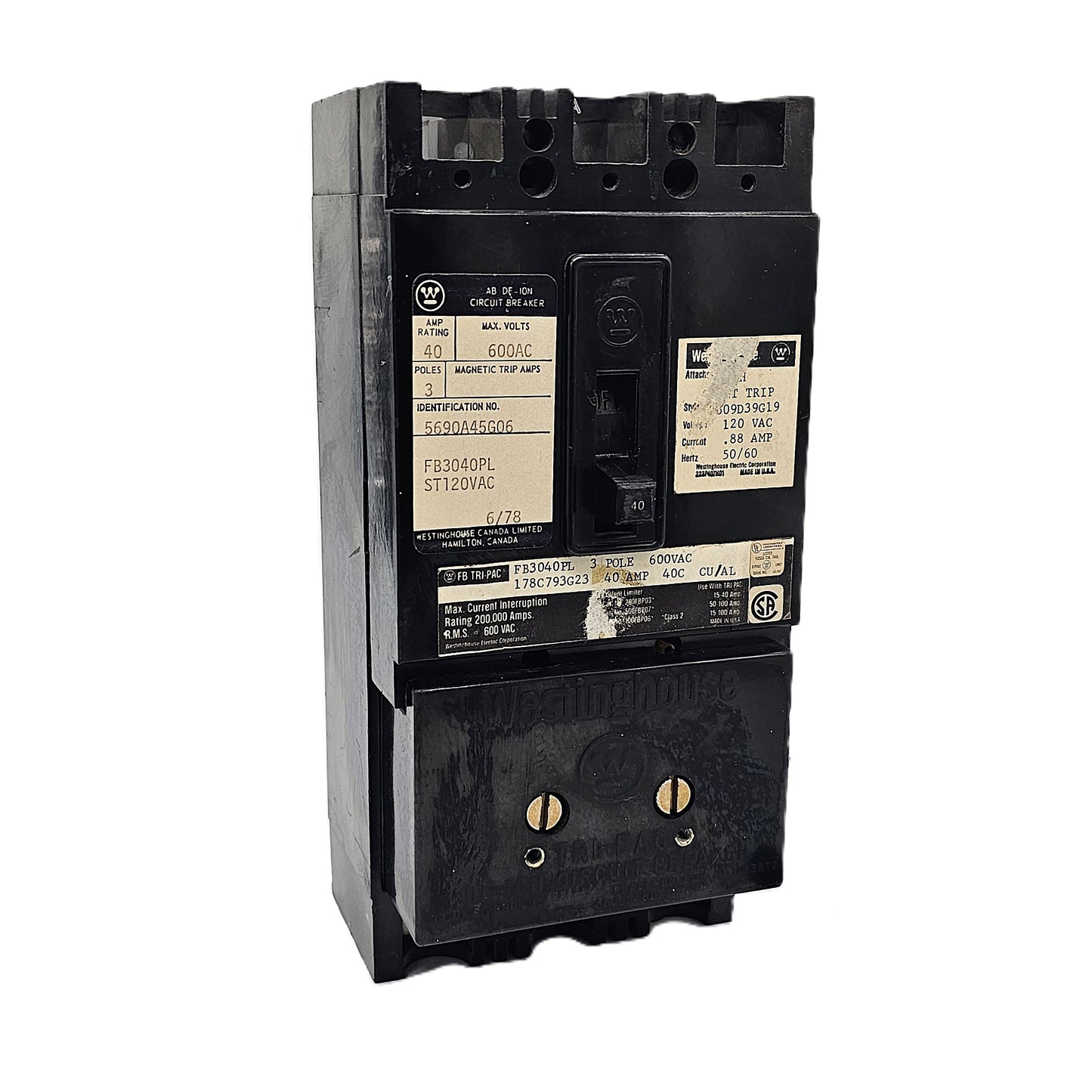 Westinghouse FB3040PL Circuit Breaker 3-Poles 40Amps 600VAC Bolt-on