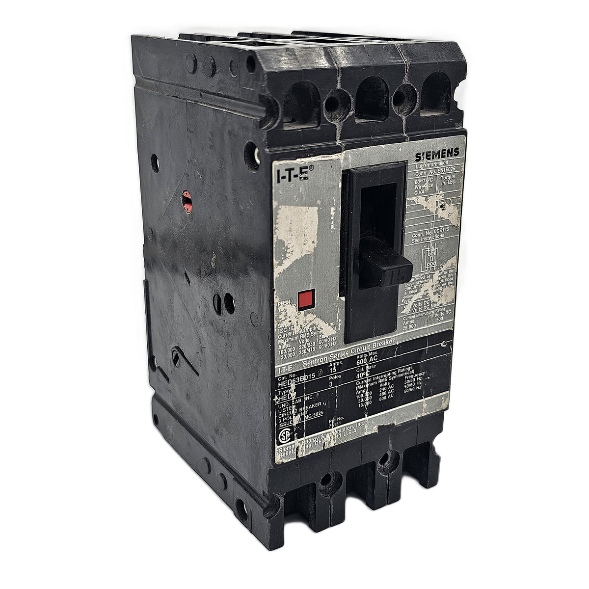 Siemens HED63B015 Circuit Breaker 3-Pole 15Amps 600 VAC, 25kAIC, Bolt-On