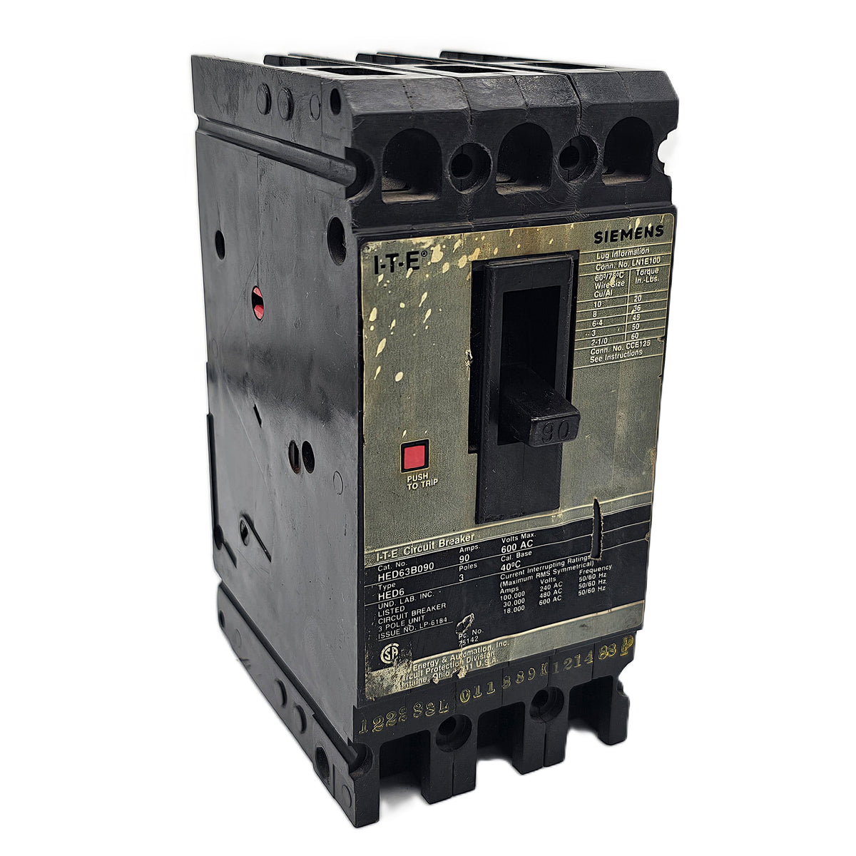 Siemens HED63B090 Circuit Breaker 3-Pole 90 Amp 600 VAC 40kAIC Bolt-On
