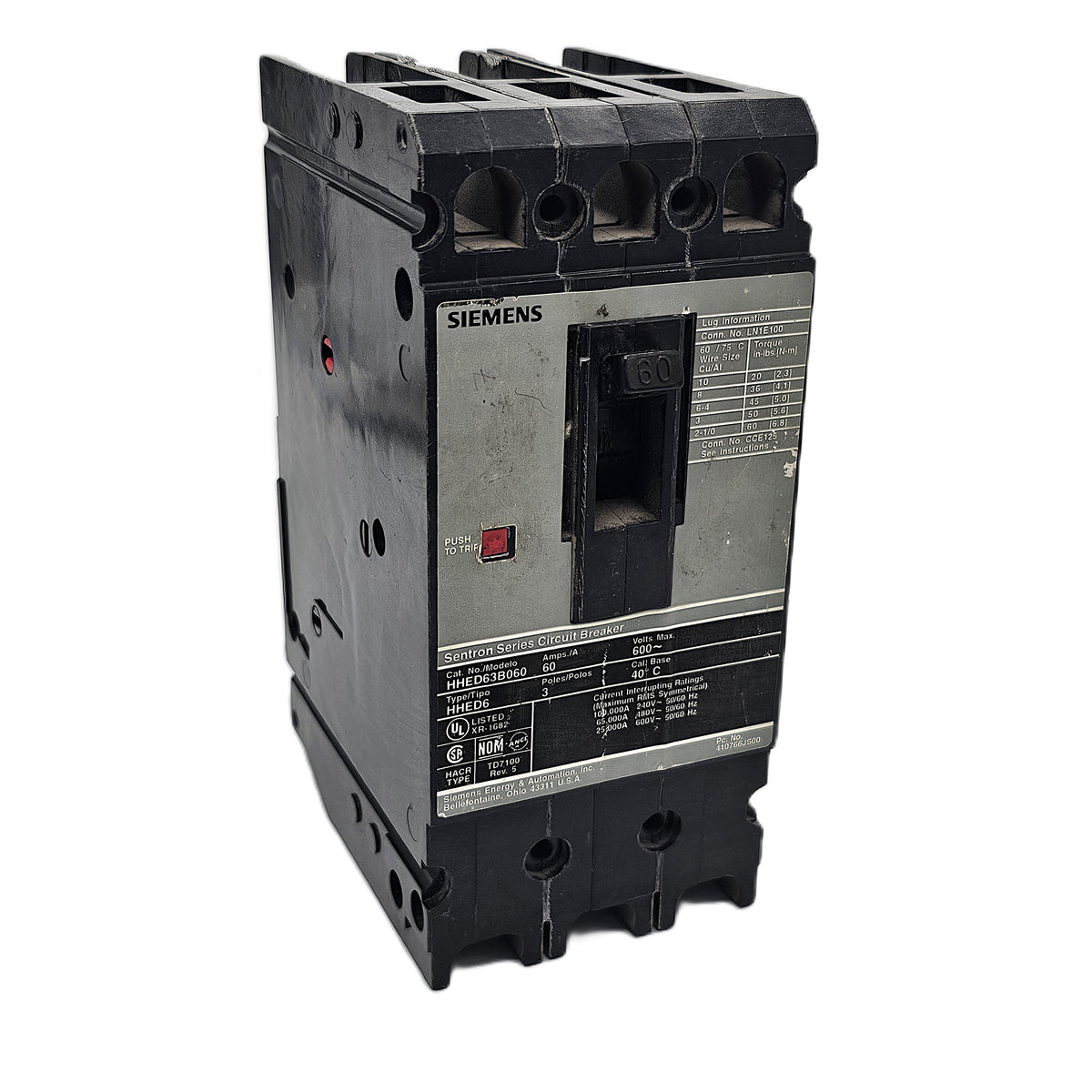 Siemens HHED63B060 Circuit Breaker 3-Pole, 60 Amp, 600 VAC, 25kAIC @ 480V, Bolt-On