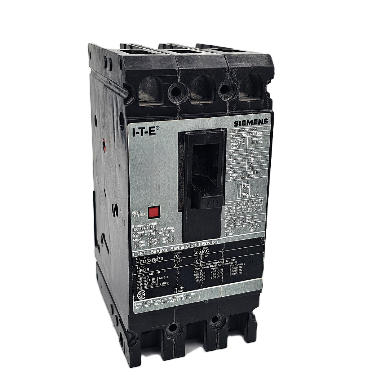 Siemens HED63B070 Circuit Breaker 3-Pole, 70 Amp, 600 VAC, 65kAIC @ 480V, Bolt-On