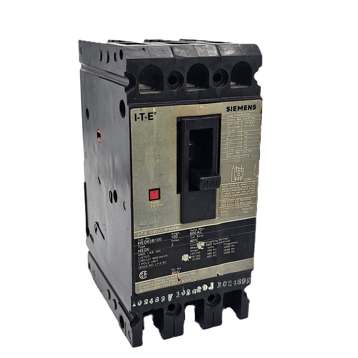 Siemens HED63B100 Circuit Breaker 3-Pole, 100 Amp, 600 VAC, 65kAIC @ 480V, Bolt-On