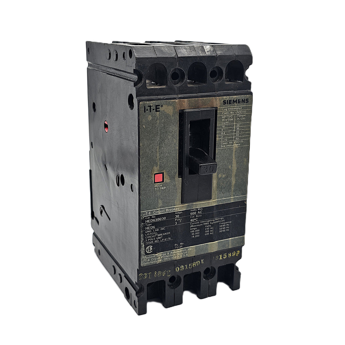 Siemens HED63B030 Circuit Breaker 3-Pole, 30 Amp, 600 VAC, 65kAIC @ 480V, Bolt-On