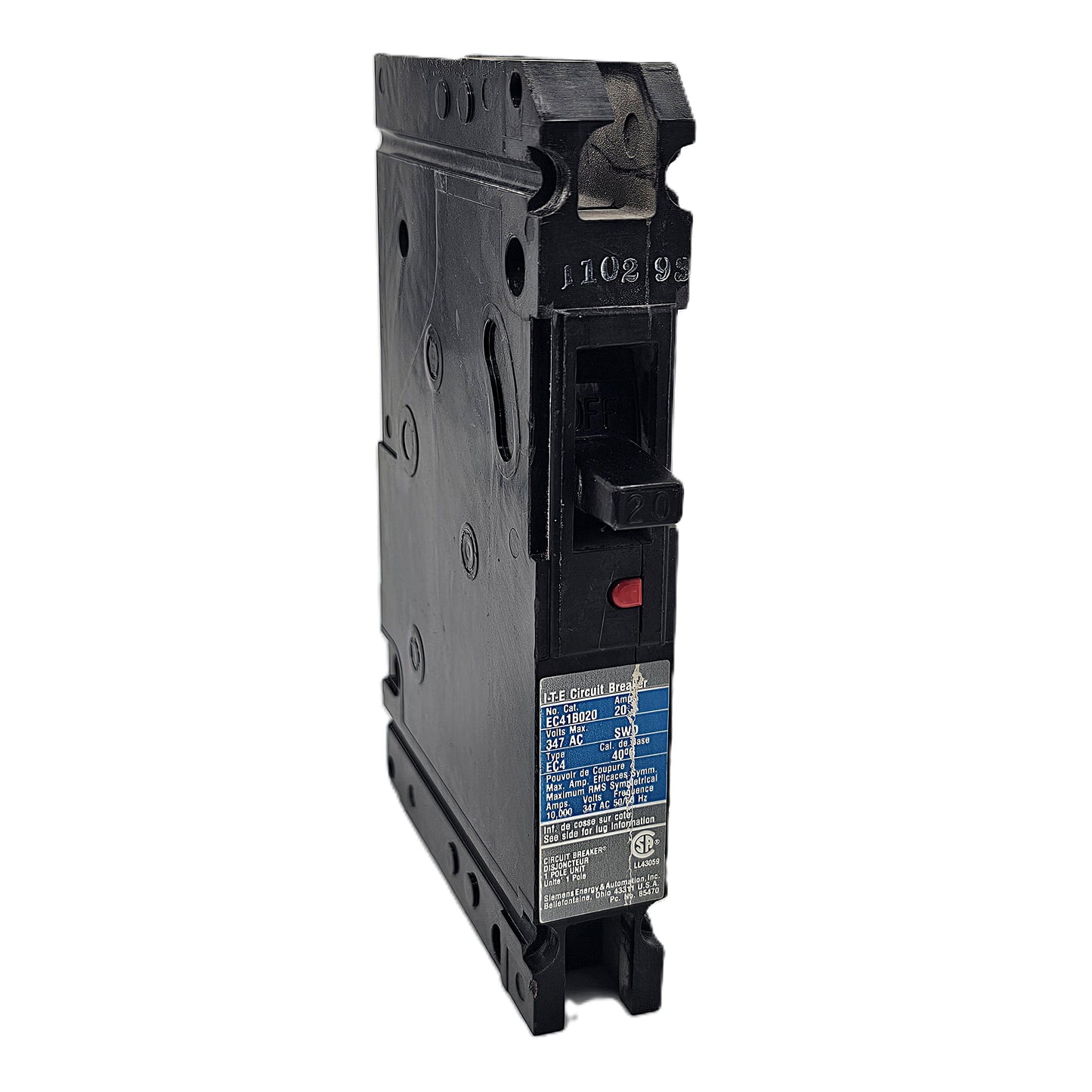 Siemens EC41B020 Circuit Breaker 1-Pole, 20 Amp, 347V AC, 10kAIC, Bolt-On