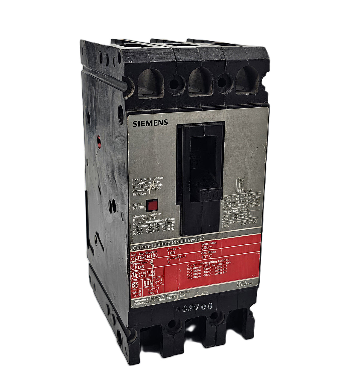 Siemens CED63B100 Circuit Breaker 3-Pole, 100 Amp, 600V AC, 200kAIC @ 240V, Current Limiting, Bolt-On