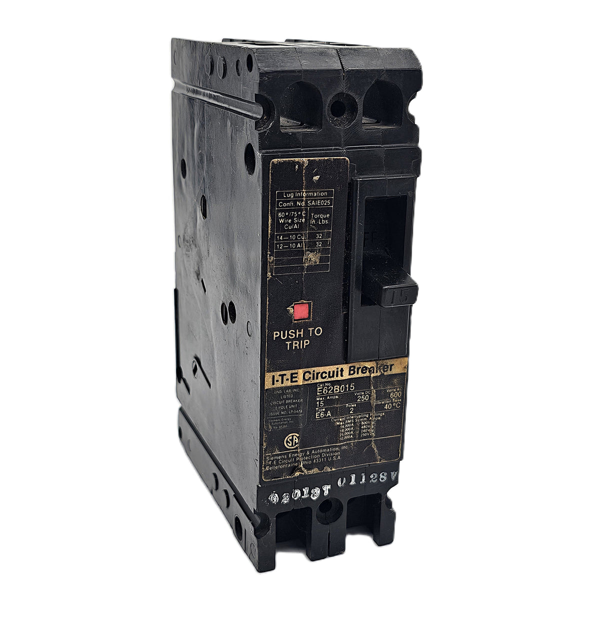 I-T-E E62B015 Circuit Breaker 2-Pole, 15 Amp, 600V AC, Bolt-On