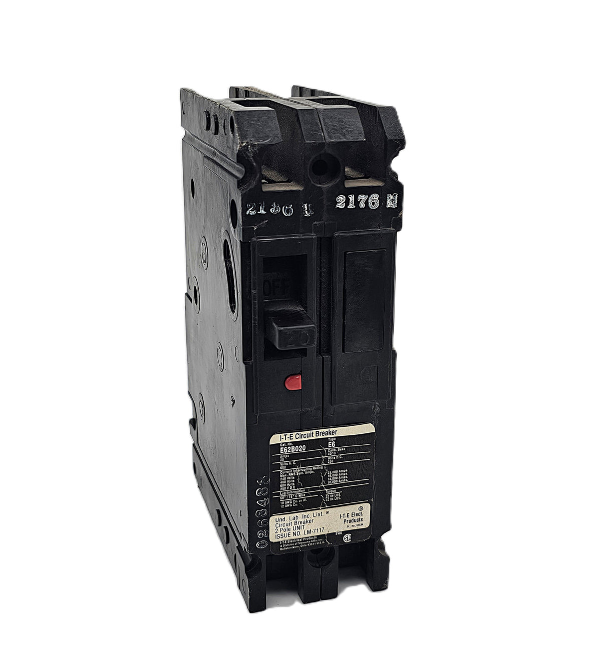 I-T-E E62B020 Circuit Breaker 2-Pole, 20 Amp, 600V AC, Bolt-On