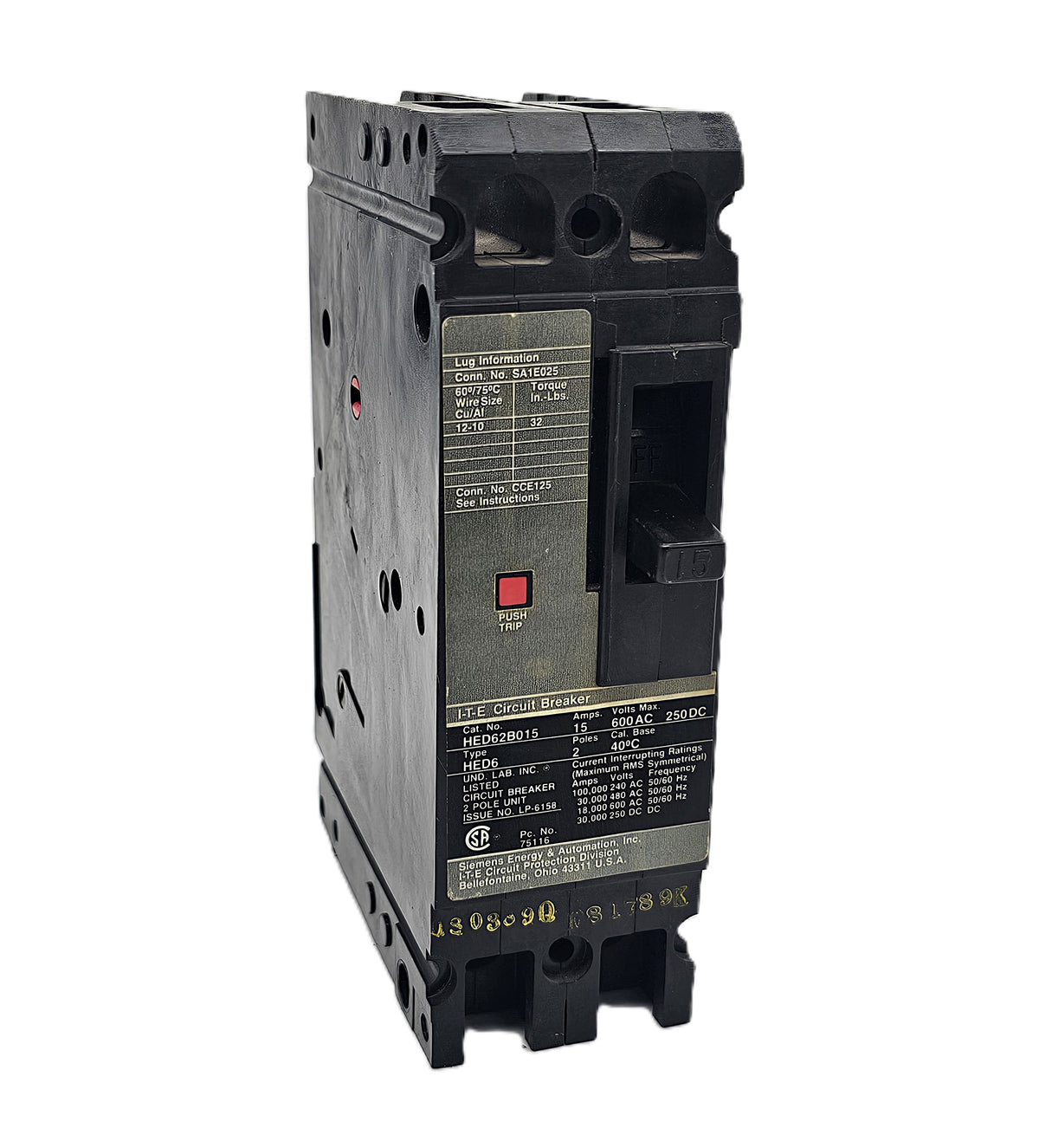 I-T-E HED62B015 Circuit Breaker 2-Pole, 15 Amp, 600V AC / 250V DC, Bolt-On