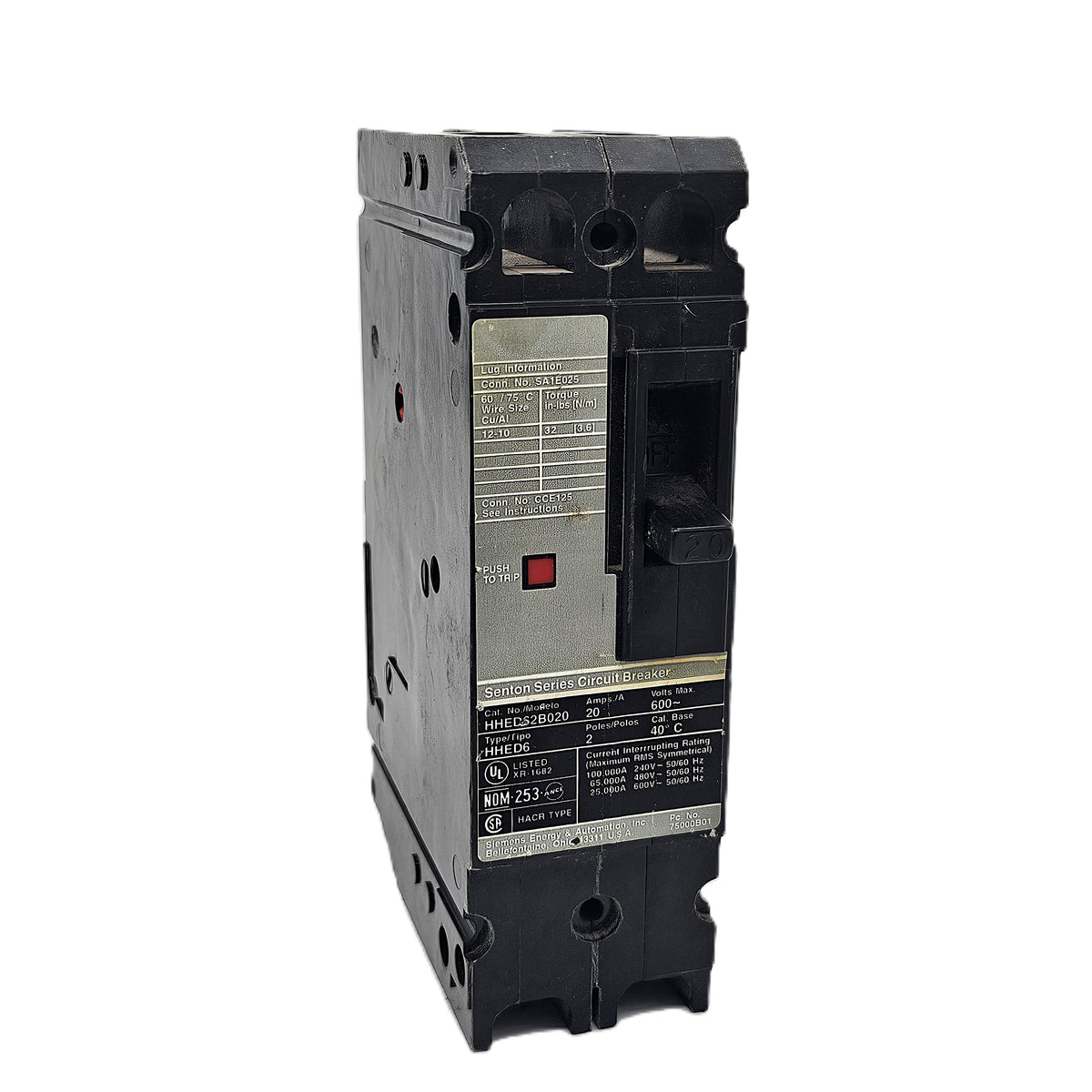 Siemens HHED62B020 Sentron Series Circuit Breaker 2-Pole, 20 Amp, 600V AC Max, Bolt-On